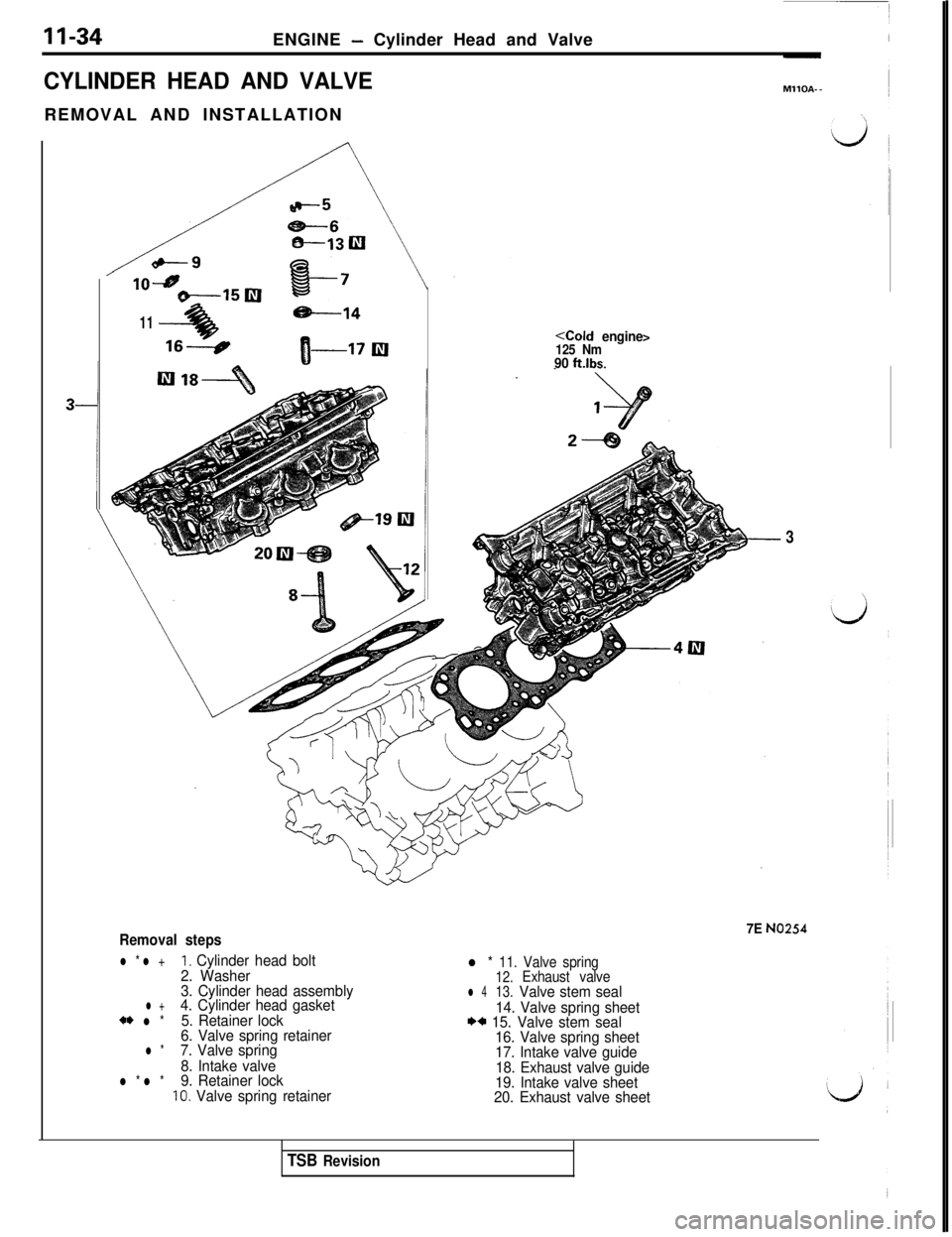 MITSUBISHI 3000GT 1991 Manual Online II-34ENGINE - Cylinder Head and Valve
CYLINDER HEAD AND VALVEREMOVAL AND INSTALLATION
’ 104e------1510
11-A16-----P
Removal steps
l * l +I. Cylinder head bolt
2. Washer
3. Cylinder head assembly
l +