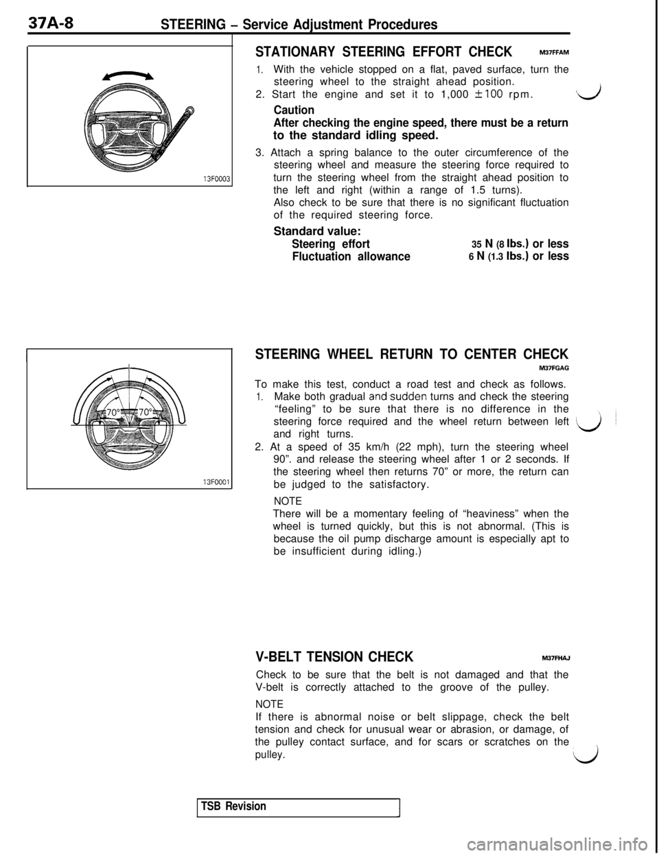 MITSUBISHI 3000GT 1991 Service Manual 37A-8STEERING - Service Adjustment Procedures13FOOO3
13FOOOl
STATIONARY STEERING EFFORT CHECKM37FFAM
1.With the vehicle stopped on a flat, paved surface, turn the
steering wheel to the straight ahead MITSUBISHI 3000GT 1991 Service Manual 37A-8STEERING - Service Adjustment Procedures13FOOO3
13FOOOl
STATIONARY STEERING EFFORT CHECKM37FFAM
1.With the vehicle stopped on a flat, paved surface, turn the
steering wheel to the straight ahead