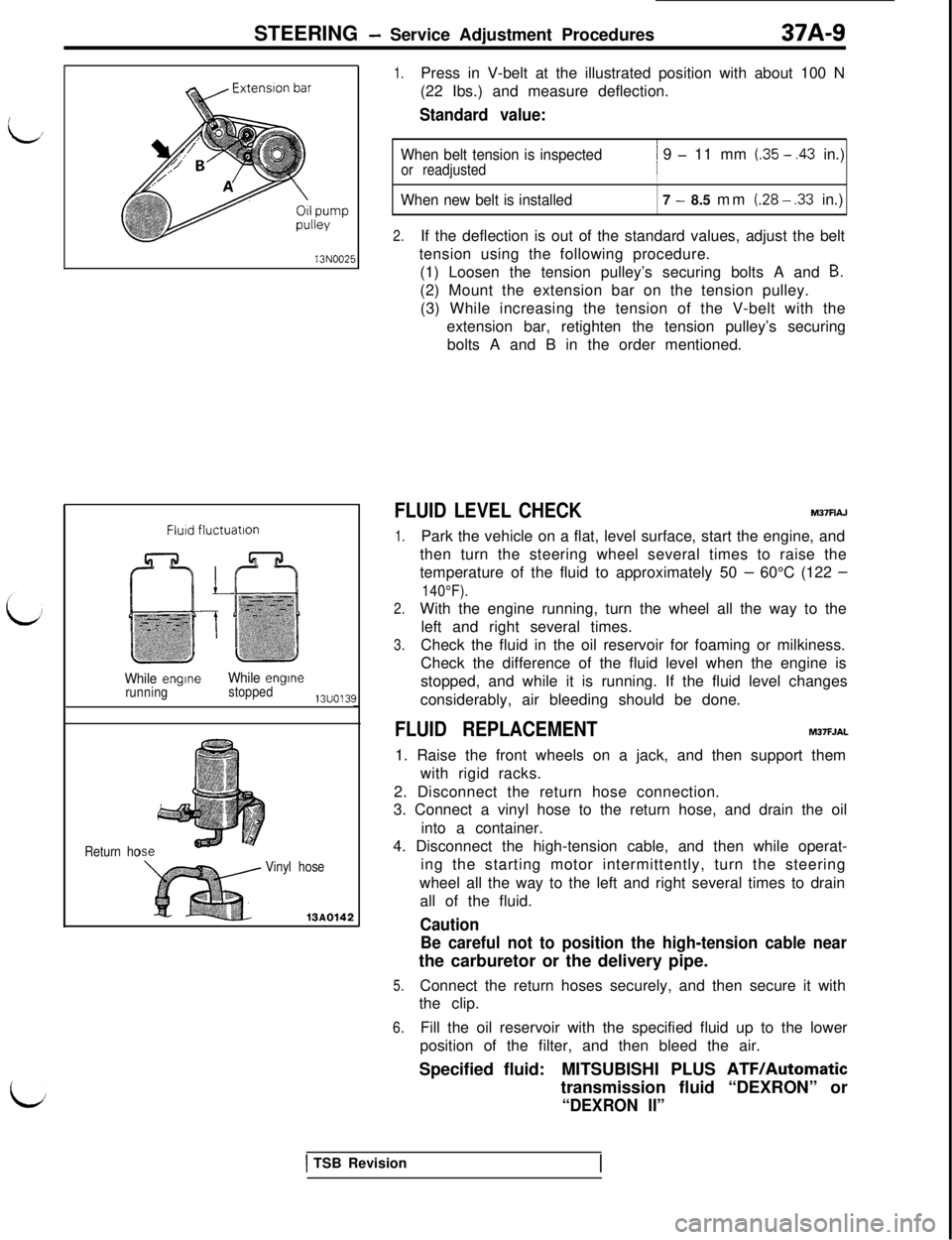 MITSUBISHI 3000GT 1991  Service Manual STEERING - Service Adjustment Procedures37A-9
LL:13N002E
FluId f[uctuatlon
While 
engineWhile engme
runningstopped13uo13:
Return ho
Vinyl hose13AO142
j
1.Press in V-belt at the illustrated position wi