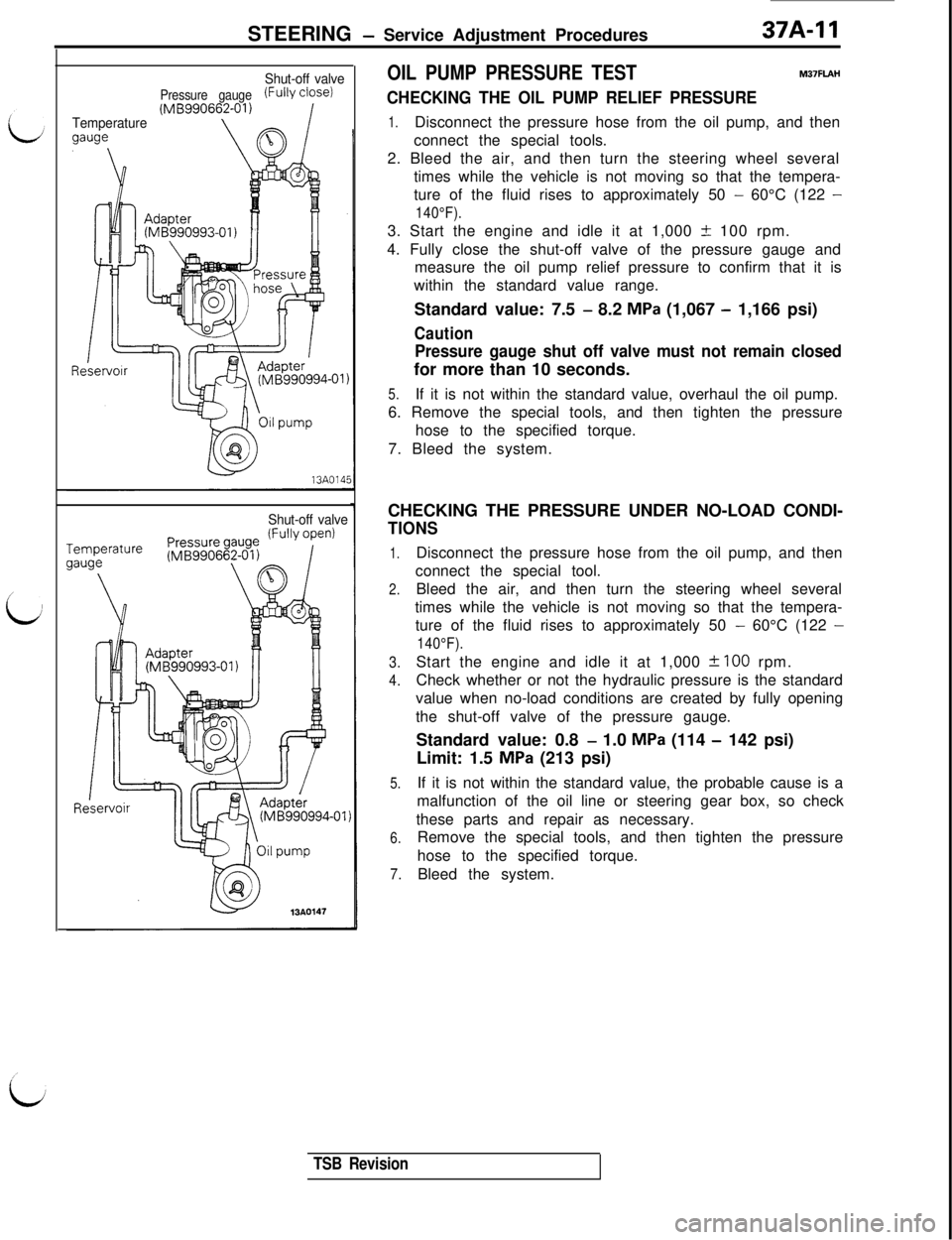 MITSUBISHI 3000GT 1991 Service Manual STEERING - Service Adjustment Procedures37A-11
Shut-off valve
Pressure gauge(FuW dose)
Temperature
Shut-off valve
OIL PUMP PRESSURE TESTM37FLAl-l
CHECKING THE OIL PUMP RELIEF PRESSURE
1.Disconnect the MITSUBISHI 3000GT 1991 Service Manual STEERING - Service Adjustment Procedures37A-11
Shut-off valve
Pressure gauge(FuW dose)
Temperature
Shut-off valve
OIL PUMP PRESSURE TESTM37FLAl-l
CHECKING THE OIL PUMP RELIEF PRESSURE
1.Disconnect the