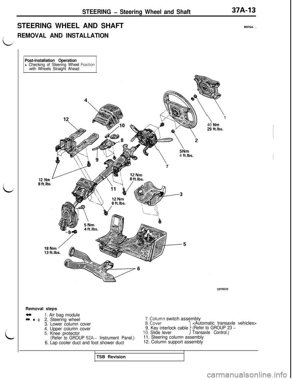 MITSUBISHI 3000GT 1991  Service Manual STEERING - Steering Wheel and Shaft37A-13
STEERING WHEEL AND SHAFTM37GA- -
L
REMOVAL AND INSTALLATION
Post-installation Operation
l Checking of Steering Wheel Positlonwith Wheels Straight Ahead
\5Nm
4