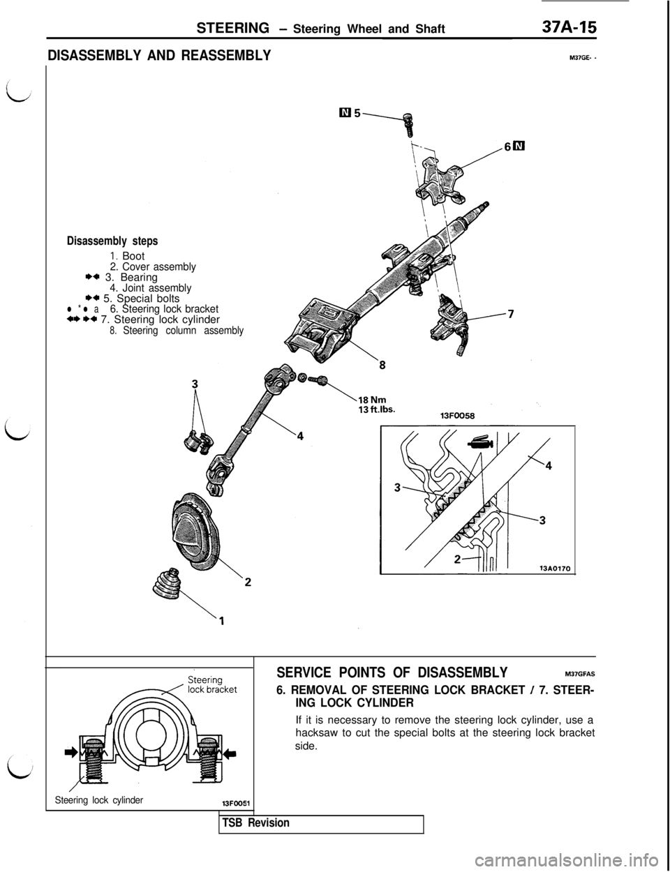 MITSUBISHI 3000GT 1991  Service Manual STEERING - Steering Wheel and Shaft
DISASSEMBLY AND REASSEMBLYM37GE- -
Disassembly steps
1. Boot2. Cover assemblyI)* 3. Bearing4. Joint assembly*+ 5. Special boltsl * l a6. Steering lock bracket+* I)*