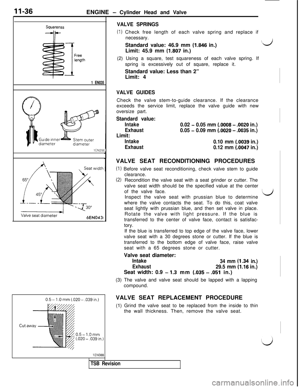 MITSUBISHI 3000GT 1991  Service Manual 11-36ENGINE - Cylinder Head and Valve
SquarenssVALVE SPRINGS
(1) Check free length of each valve spring and replace if
necessary.
!
FreelengthStandard value: 46.9 mm 
(1.846 in.)\bJLimit: 45.9 mm 
(1.