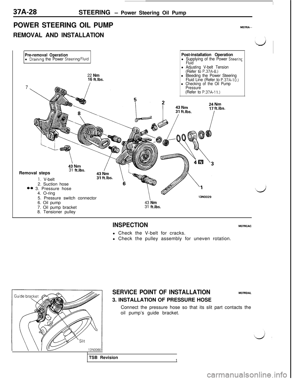 MITSUBISHI 3000GT 1991  Service Manual 37A-28
STEERING - Power Steering Oil Pump
POWER STEERING OIL PUMP
REMOVAL AND INSTALLATION
I
M37RA-.
Pre-removal Operationl Draintng the Power Steenng Flurd
22 Nm
16 ft.lbs.
7
Post-installation Operat