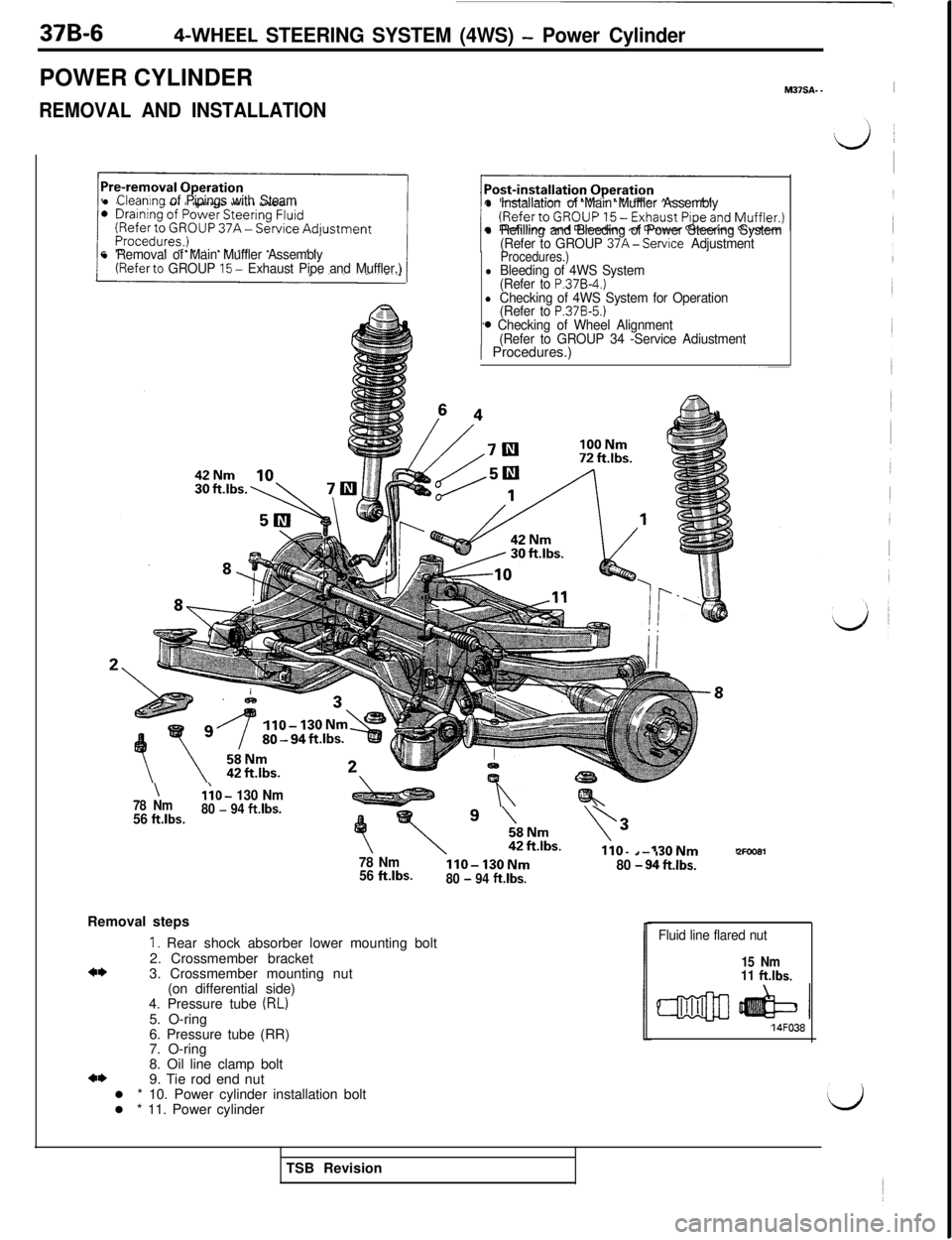 MITSUBISHI 3000GT 1991 Service Manual 37B-64-WHEEL STEERING SYSTEM (4WS) - Power CylinderPOWER CYLINDER
REMOVAL AND INSTALLATION
M37S&~I
l Cleaning of Pipings with Steam
l Removal of Main Muffler Assembly(Referto GROUP 15- Exhaust Pipe an MITSUBISHI 3000GT 1991 Service Manual 37B-64-WHEEL STEERING SYSTEM (4WS) - Power CylinderPOWER CYLINDER
REMOVAL AND INSTALLATION
M37S&~I
l Cleaning of Pipings with Steam
l Removal of Main Muffler Assembly(Referto GROUP 15- Exhaust Pipe an