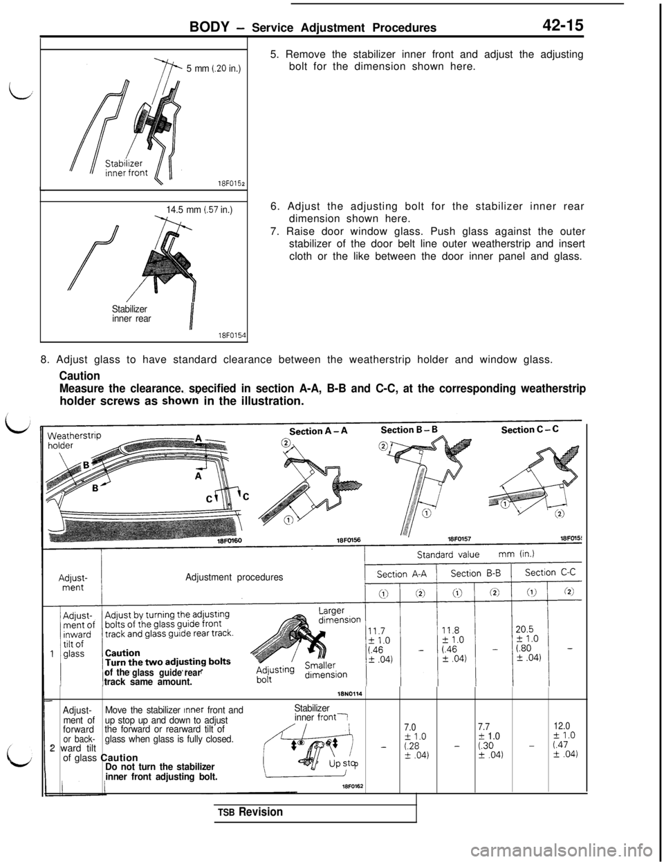 MITSUBISHI 3000GT 1991 Service Manual BODY - Service Adjustment Procedures42-15lSFO15
2
5 mm (20 in.)
14.5 mm
(.57 in.)
Stabilizer
inner rear
I18FO15‘5. Remove the stabilizer inner front and adjust the adjusting
bolt for the dimension MITSUBISHI 3000GT 1991 Service Manual BODY - Service Adjustment Procedures42-15lSFO15
2
5 mm (20 in.)
14.5 mm
(.57 in.)
Stabilizer
inner rear
I18FO15‘5. Remove the stabilizer inner front and adjust the adjusting
bolt for the dimension