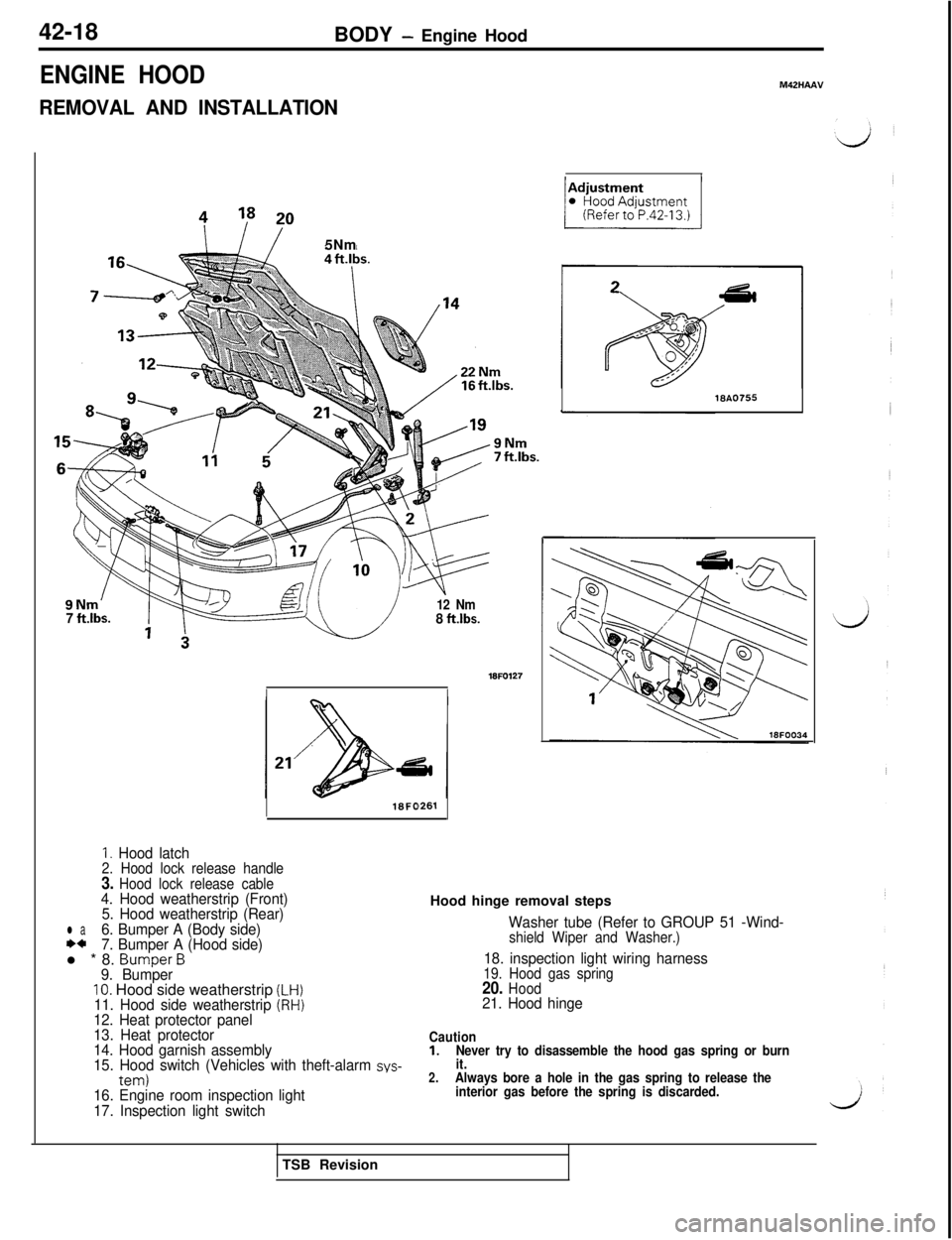 MITSUBISHI 3000GT 1991  Service Manual 42-18ENGINE HOODBODY 
- Engine Hood
M42HAAV
REMOVAL AND INSTALLATION5Nm
9Nm’7 ft.lbs.12 Nm\ /8 ft.lbs.
16FO12716FO261
16A0755
1. Hood latch2. Hood lock release handle3. Hood lock release cable4. Hoo