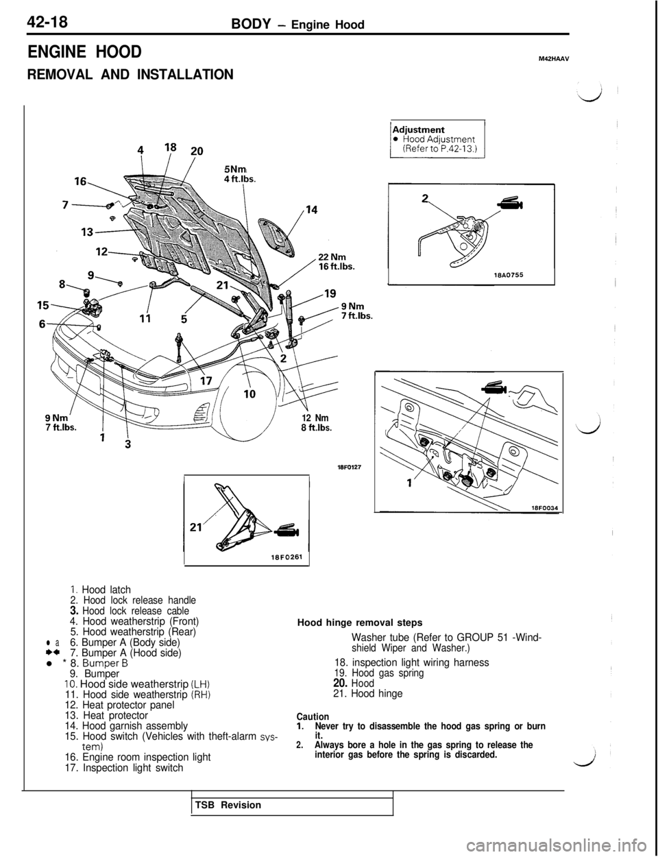 MITSUBISHI 3000GT 1991 Service Manual 42-18ENGINE HOODBODY
- Engine Hood
M42HAAV
REMOVAL AND INSTALLATION5Nm
9Nm’7 ft.lbs.12 Nm\ /8 ft.lbs.
16FO12716FO261
16A0755
1. Hood latch2. Hood lock release handle3. Hood lock release cable4. Hoo MITSUBISHI 3000GT 1991 Service Manual 42-18ENGINE HOODBODY
- Engine Hood
M42HAAV
REMOVAL AND INSTALLATION5Nm
9Nm’7 ft.lbs.12 Nm\ /8 ft.lbs.
16FO12716FO261
16A0755
1. Hood latch2. Hood lock release handle3. Hood lock release cable4. Hoo