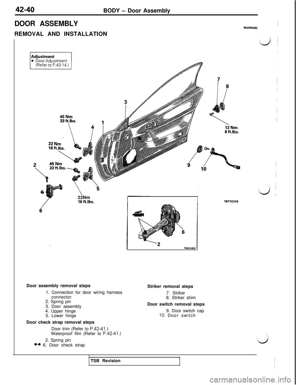 MITSUBISHI 3000GT 1991 Service Manual 42-40BODY - Door Assembly
DOOR ASSEMBLYREMOVAL AND INSTALLATION~M42MAEC
46 Nm33 ftibs.\12 Nm8 ftlbs.
22Nm
16 ft.lbs.18FO208Door assembly removal steps
1. Connection for door wiring harness
connector
2 MITSUBISHI 3000GT 1991 Service Manual 42-40BODY - Door Assembly
DOOR ASSEMBLYREMOVAL AND INSTALLATION~M42MAEC
46 Nm33 ftibs.\12 Nm8 ftlbs.
22Nm
16 ft.lbs.18FO208Door assembly removal steps
1. Connection for door wiring harness
connector
2