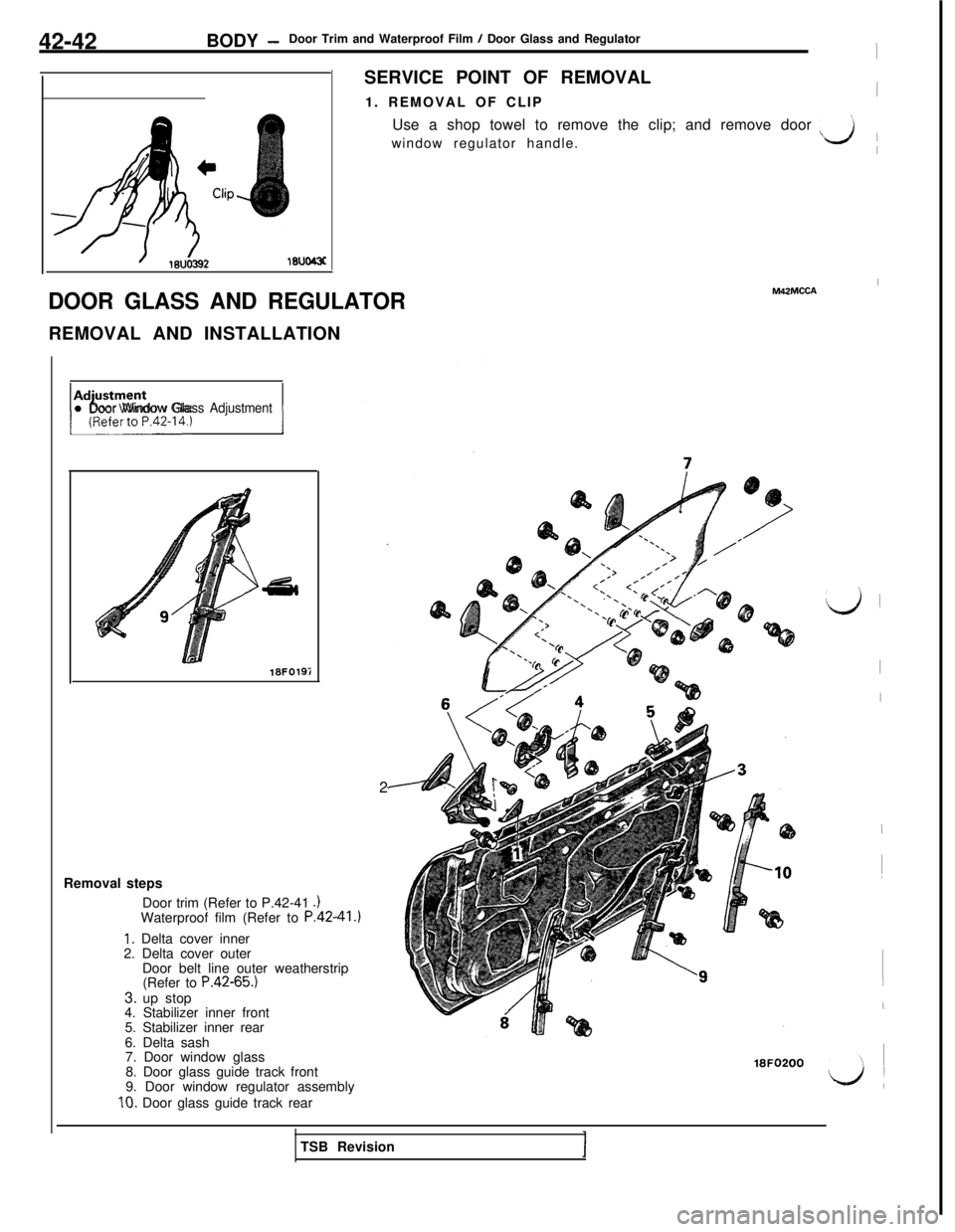 MITSUBISHI 3000GT 1991 Owners Manual 42-42BODY -Door Trim and Waterproof Film / Door Glass and Regulator
ISERVICE POINT OF REMOVAL
1. REMOVAL OF CLIP
IUse a shop towel to remove the clip; and remove door
window regulator handle.
\L.J II

