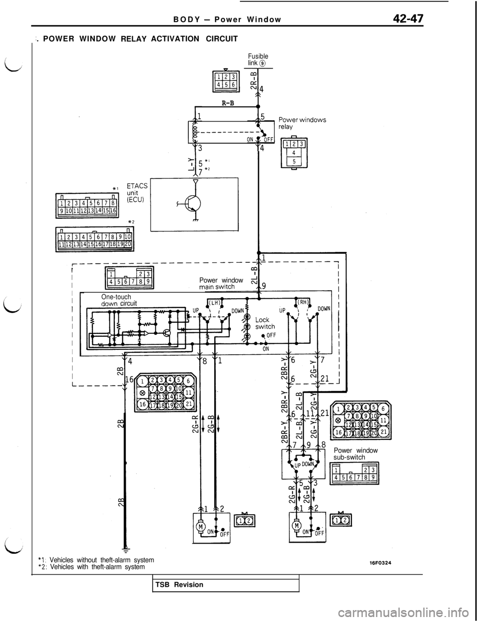 MITSUBISHI 3000GT 1991 Service Manual BODY - Power Window
;. POWERWINDOW
RELAYACTIVATION CIRCUIT
Fusiblelink @
R-B0
&5
____-------
y3"4
I
I
I
II
I
II
I
I
I
I
I
I
----------_-__---
Power window
One-touchdnwn circuit
L-
*I : Vehicles withou MITSUBISHI 3000GT 1991 Service Manual BODY - Power Window
;. POWERWINDOW
RELAYACTIVATION CIRCUIT
Fusiblelink @
R-B0
&5
____-------
y3"4
I
I
I
II
I
II
I
I
I
I
I
I
----------_-__---
Power window
One-touchdnwn circuit
L-
*I : Vehicles withou
