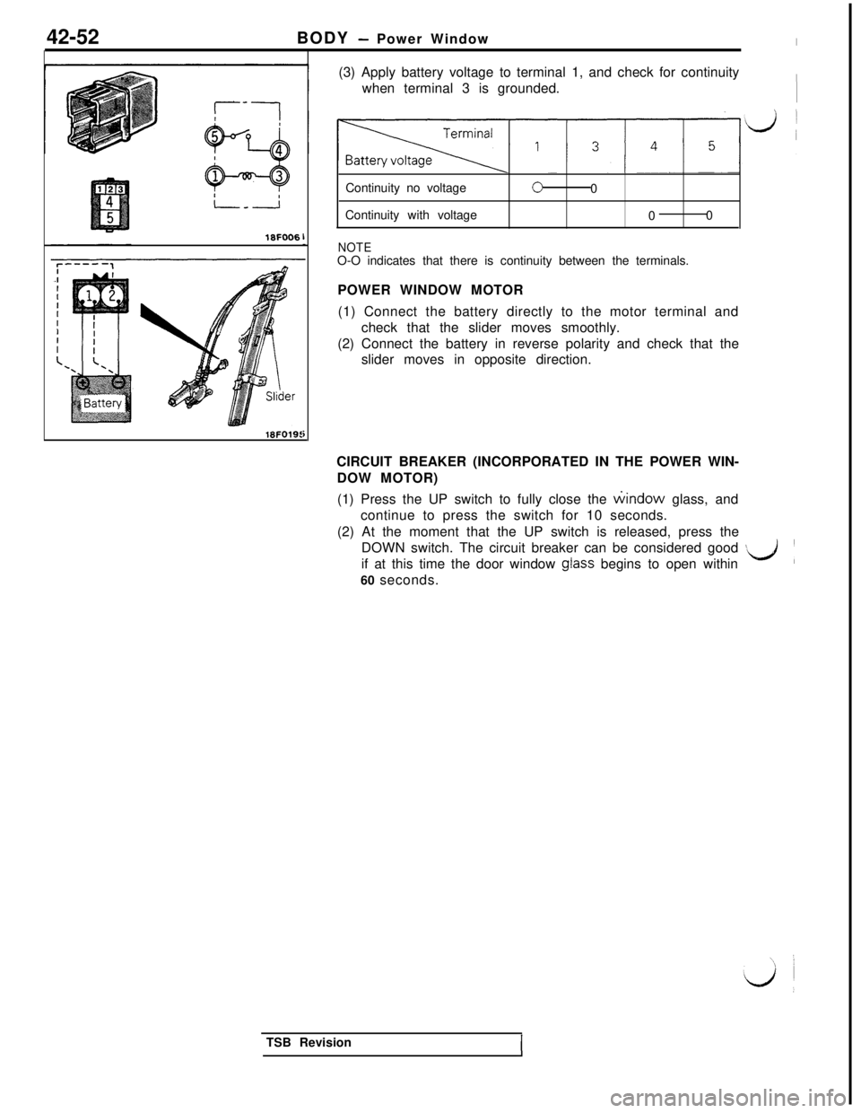 MITSUBISHI 3000GT 1991 Service Manual 42-52BODY - Power Window
18FOO6
18FO191(3) Apply battery voltage to terminal 1, and check for continuity
when terminal 3 is grounded.
IContinuity no voltage
c0
Continuity with voltage
00
NOTEO-O indic MITSUBISHI 3000GT 1991 Service Manual 42-52BODY - Power Window
18FOO6
18FO191(3) Apply battery voltage to terminal 1, and check for continuity
when terminal 3 is grounded.
IContinuity no voltage
c0
Continuity with voltage
00
NOTEO-O indic