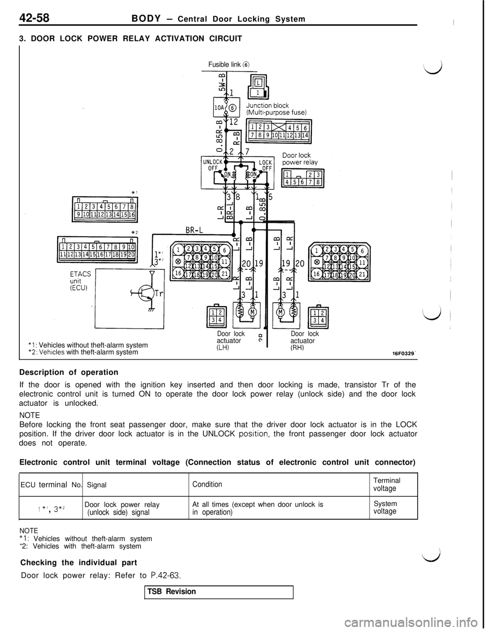 MITSUBISHI 3000GT 1991 Service Manual 42-58BODY - Central Door Locking SystemI3. DOOR LOCK POWER RELAY ACTIVATION CIRCUIT
Fusible link 0
“I : Vehicles without theft-alarm system“2: Vehicles with theft-alarm system
Door lockactuator:
( MITSUBISHI 3000GT 1991 Service Manual 42-58BODY - Central Door Locking SystemI3. DOOR LOCK POWER RELAY ACTIVATION CIRCUIT
Fusible link 0
“I : Vehicles without theft-alarm system“2: Vehicles with theft-alarm system
Door lockactuator:
(