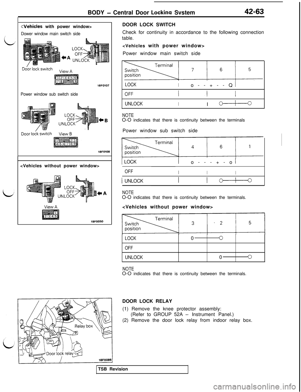MITSUBISHI 3000GT 1991 Service Manual BODY - Central Door Lockina Svstem42-63
:Vehicles with power window>
Dower window main switch side
Power window sub switch side
18FO107<Vehicles without power window>DOOR LOCK SWITCH
Check for continu MITSUBISHI 3000GT 1991 Service Manual BODY - Central Door Lockina Svstem42-63
:Vehicles with power window>
Dower window main switch side
Power window sub switch side
18FO107<Vehicles without power window>DOOR LOCK SWITCH
Check for continu