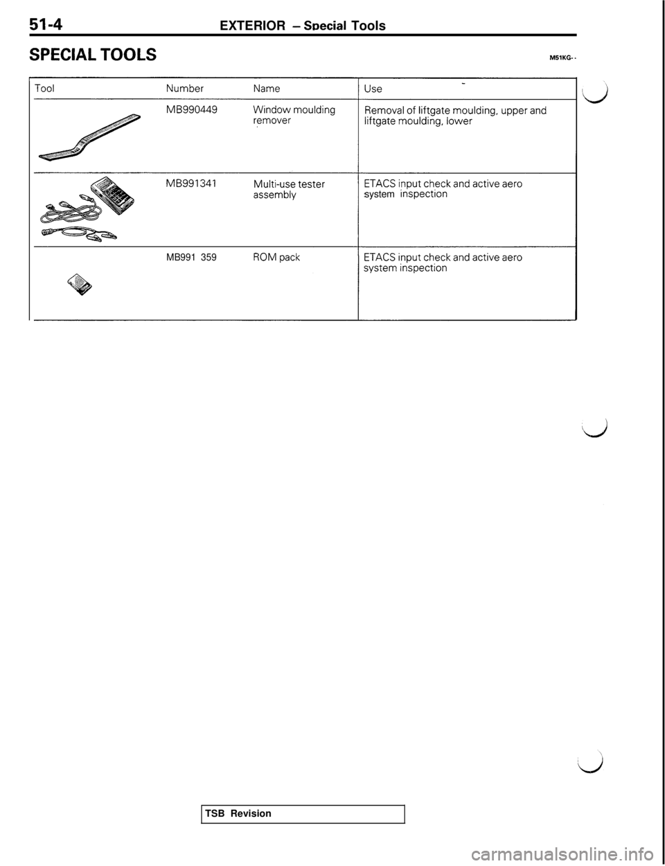 MITSUBISHI 3000GT 1991  Service Manual EXTERIOR - SDecial Tools
SPECIAL TOOLSMBlKG- .
I-system inspectlon
MB991 359TSB Revision 