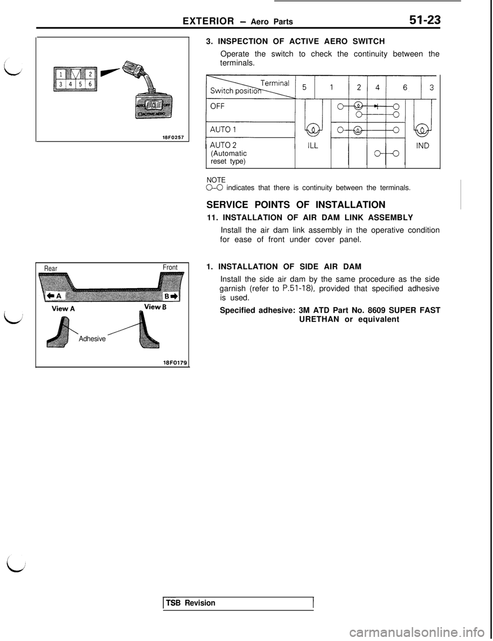 MITSUBISHI 3000GT 1991  Service Manual EXTERIOR - Aero Parts
18FO257
RearFrontView
 A_ View B
Adhesive
18FO17533. INSPECTION OF ACTIVE AERO SWITCH
Operate the switch to check the continuity between the
terminals.
(Automatic
reset type)
NOT