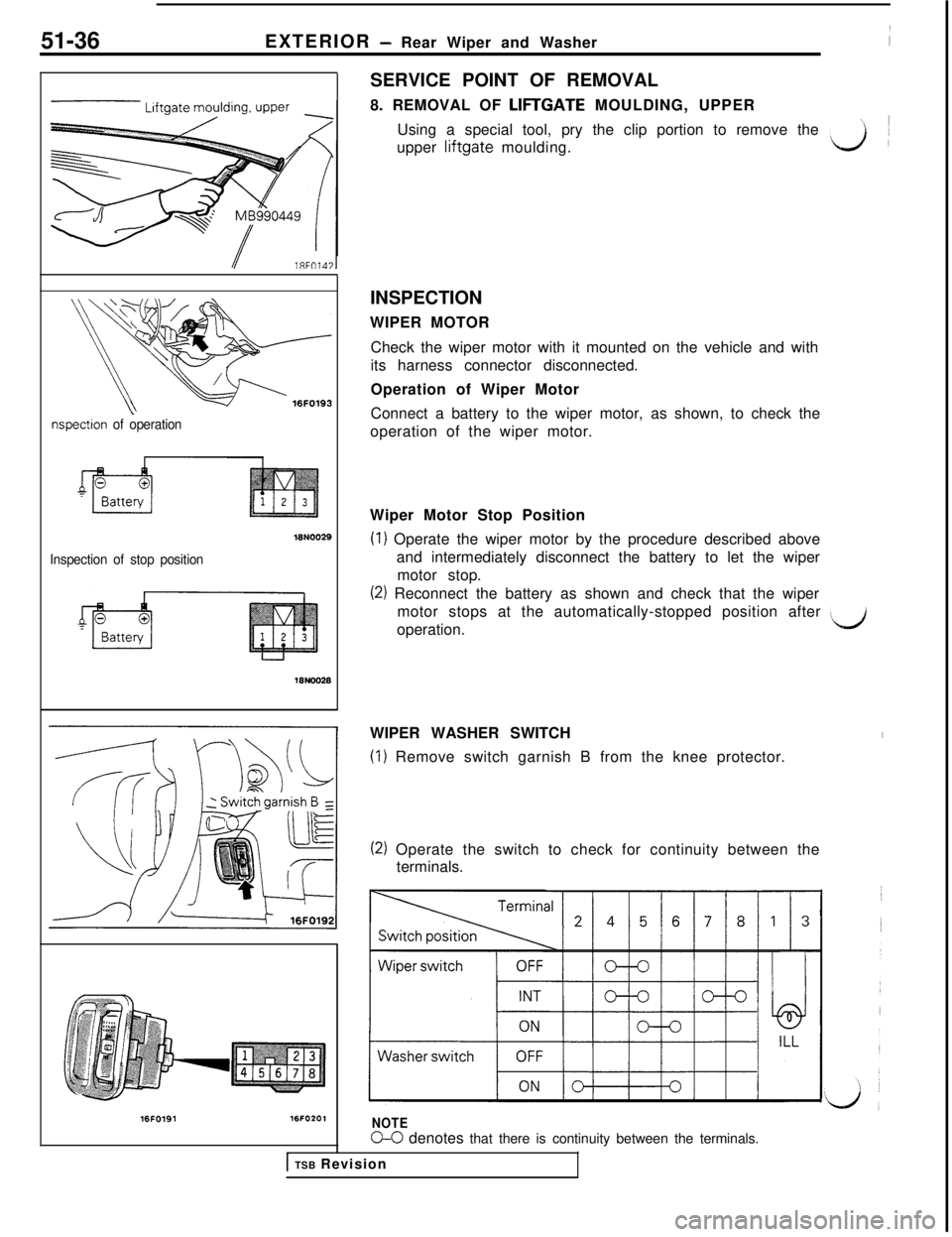 MITSUBISHI 3000GT 1991  Service Manual 51-36EXTERIOR - Rear Wiper and Washer
nspection of operation16N0029
Inspection of stop position
16FO19116FO201SERVICE POINT OF REMOVAL
8. REMOVAL OF LIFTGATE MOULDING, UPPER
Using a special tool, pry 
