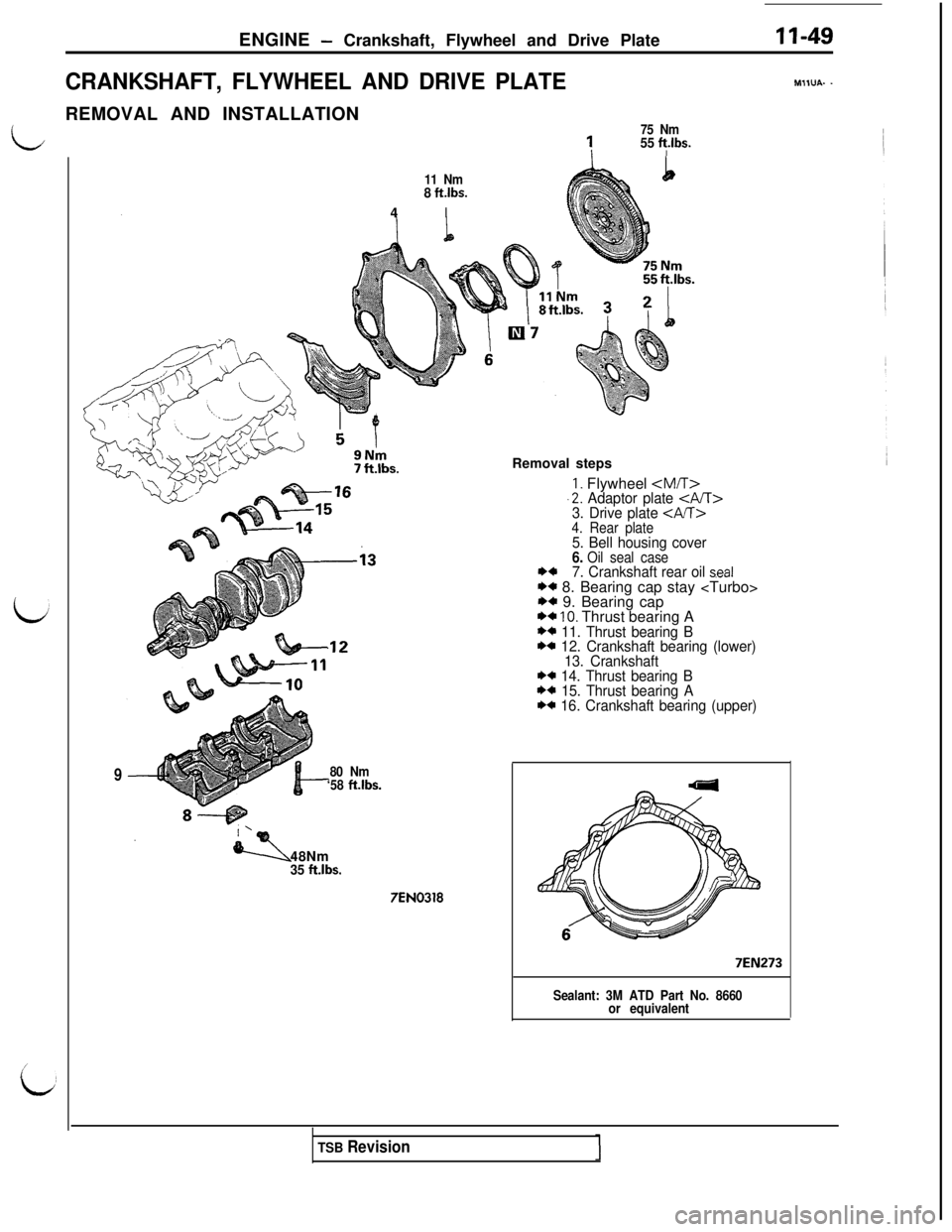 MITSUBISHI 3000GT 1991 Owners Manual ENGINE - Crankshaft, Flywheel and Drive Plate
CRANKSHAFT, FLYWHEEL AND DRIVE PLATE
II-49
MIIUA- -REMOVAL AND INSTALLATION
L
/
id
75 Nm
155 ft.lbs.
11 Nmb4
8 ft.lbs.
I
9Removal steps
,12
80 Nm
‘58 ft
