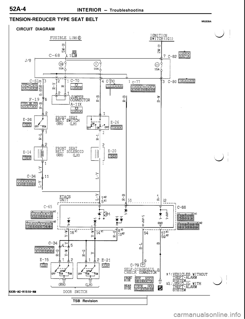 MITSUBISHI 3000GT 1991  Service Manual INTERIOR - Troubleshootina
TENSION-REDUCER TYPE SEAT BELT
M52EBIACIRCUIT DIAGRAM
ON(IGIlFUSIBLE LiNK@Im
Ia
E?I
qEl2C-68 ,.l I/C I/“I u0
1OA015A
,XL
z C-80
i
1 c-77j1121"14151sij[pER@gqi
C-Slm 3
pT