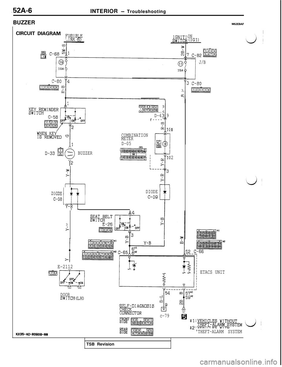 MITSUBISHI 3000GT 1991  Service Manual .52A-6INTERIOR - Troubleshooting
BUZZER
?IIy. 101
COMBINATION
METER
D-05
dl
s“ssl
BUZZER,-& 102
A
T=I-----3>
cA
II:
A
“c:i:~ n (Y-R
piT!$Rq:
D-43 9r----43
A
E-2112
- -
DOORSWITCH(LH)
DIODE
c-09
:
