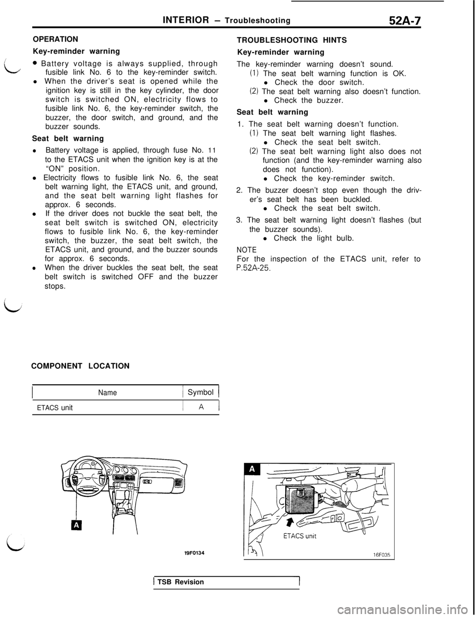 MITSUBISHI 3000GT 1991  Service Manual INTERIOR - Troubleshooting52A-7OPERATION
Key-reminder warning
L0 Battery voltage is always supplied, through
fusible link No. 6 to the key-reminder switch.
l When the driver’s seat is opened while t