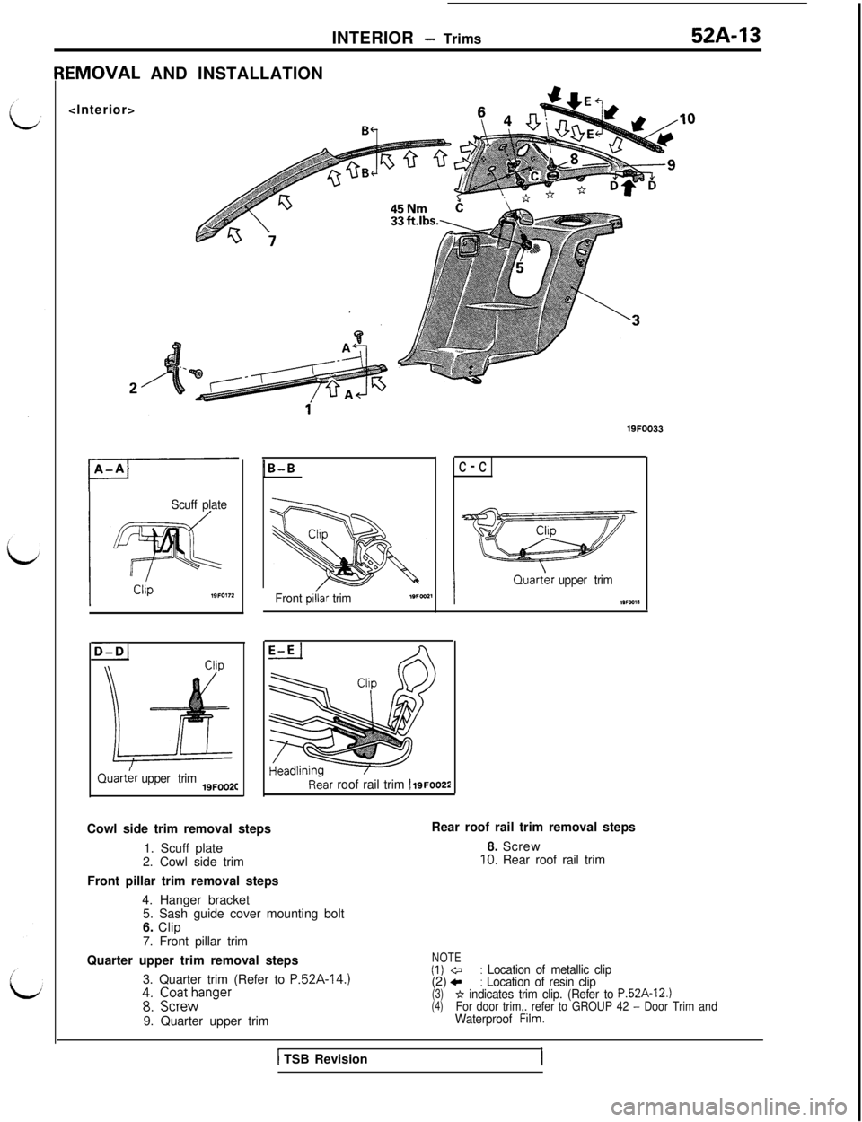 MITSUBISHI 3000GT 1991 Service Manual INTERIOR - Trims52A-13EMOVAL AND INSTALLATION
<Interior>19FOO33
Scuff plate
D-D1Quart&
upper trim19FOO2C
1B-B
Front piiar trimc-cIQuart&
upper trim
,wca*
Rear roof rail trim 1 igFoo22Cowl side trim re MITSUBISHI 3000GT 1991 Service Manual INTERIOR - Trims52A-13EMOVAL AND INSTALLATION
<Interior>19FOO33
Scuff plate
D-D1Quart&
upper trim19FOO2C
1B-B
Front piiar trimc-cIQuart&
upper trim
,wca*
Rear roof rail trim 1 igFoo22Cowl side trim re