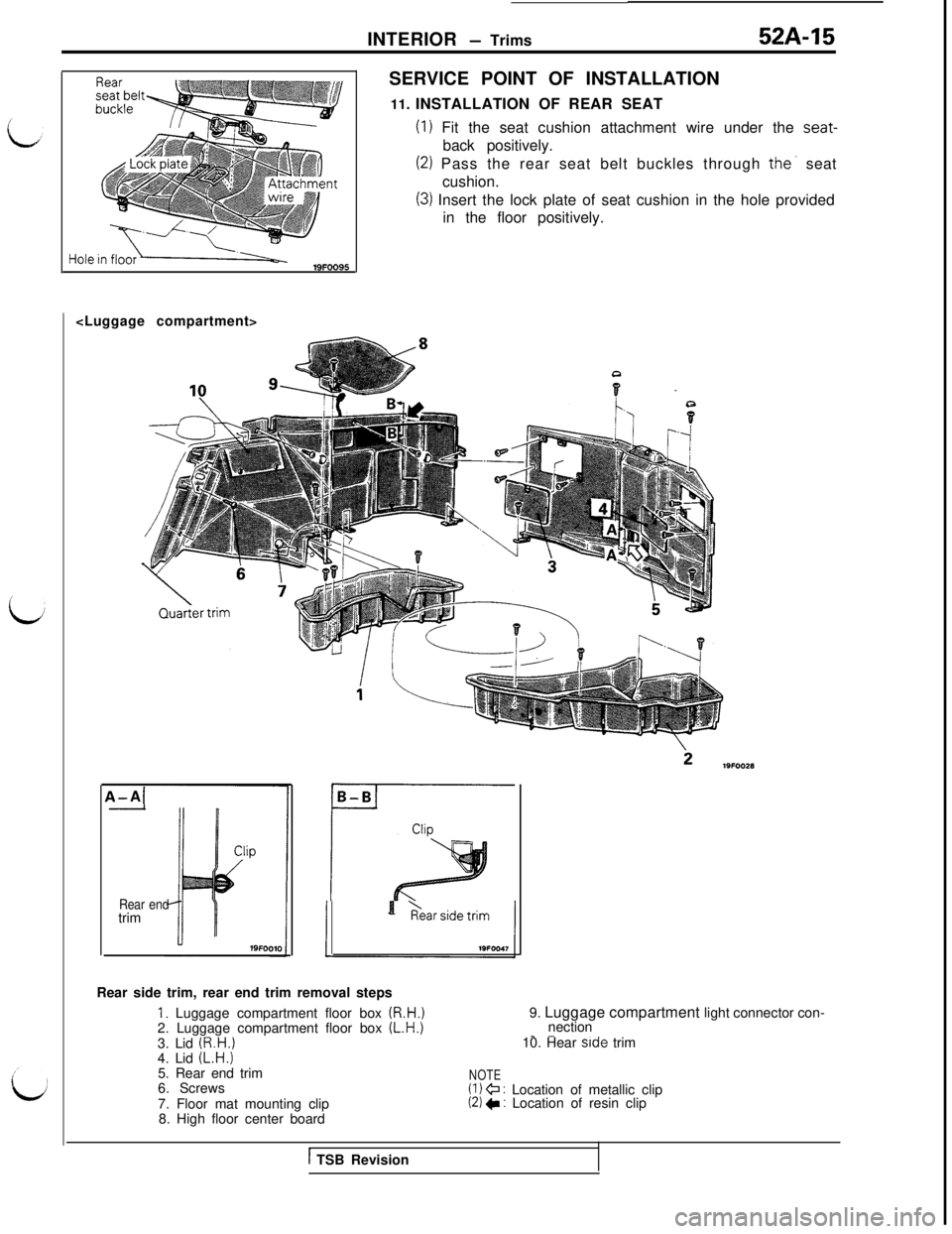 MITSUBISHI 3000GT 1991  Service Manual INTERIOR - Trims52A-15
<Luggage compartment>
ISERVICE POINT OF INSTALLATION
11. INSTALLATION OF REAR SEAT
(1) Fit the seat cushion attachment wire under the seat-back positively.
(2) Pass the rear sea