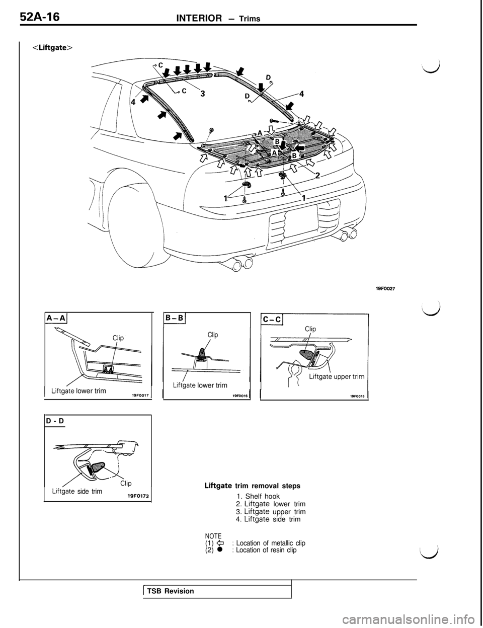 MITSUBISHI 3000GT 1991  Service Manual 52A-16<Liftgate>INTERIOR 
- Trims
A-AIB-B[
1Liftgate lower trim
Clip
Liftgate lower trim
D-D
Liftbate side trim19FO173Liftgate trim removal steps
1. Shelf hook
2. 
Liftgate lower trim
3. Liftgate uppe