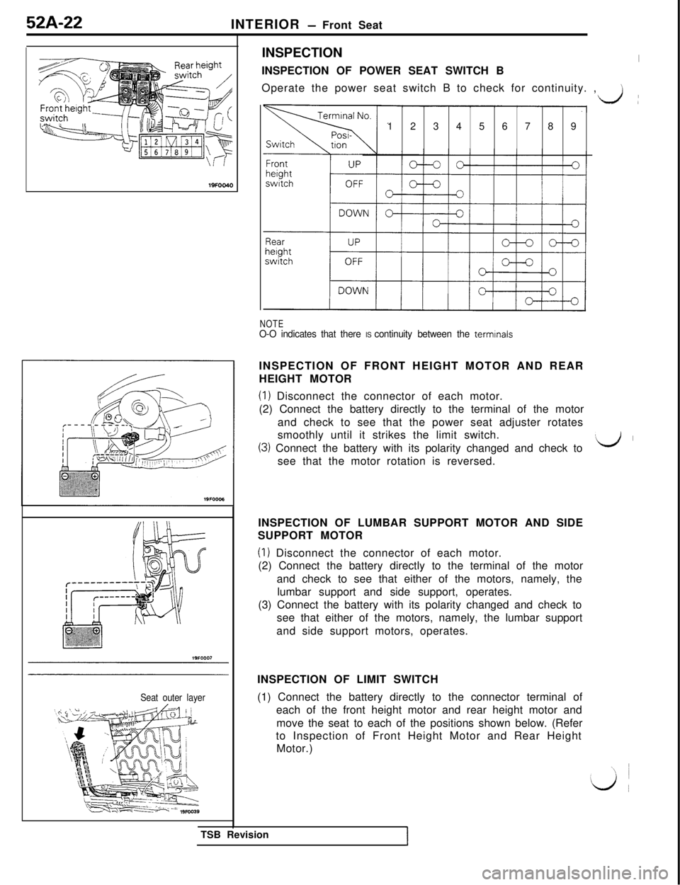 MITSUBISHI 3000GT 1991  Service Manual 52A-22
INTERIOR - Front Seat
INSPECTION
INSPECTION OF POWER SEAT SWITCH B
Operate the power seat switch B to check for continuity. ,
)
Seat outer layer123456789
NOTEO-O indicates that there IS continu