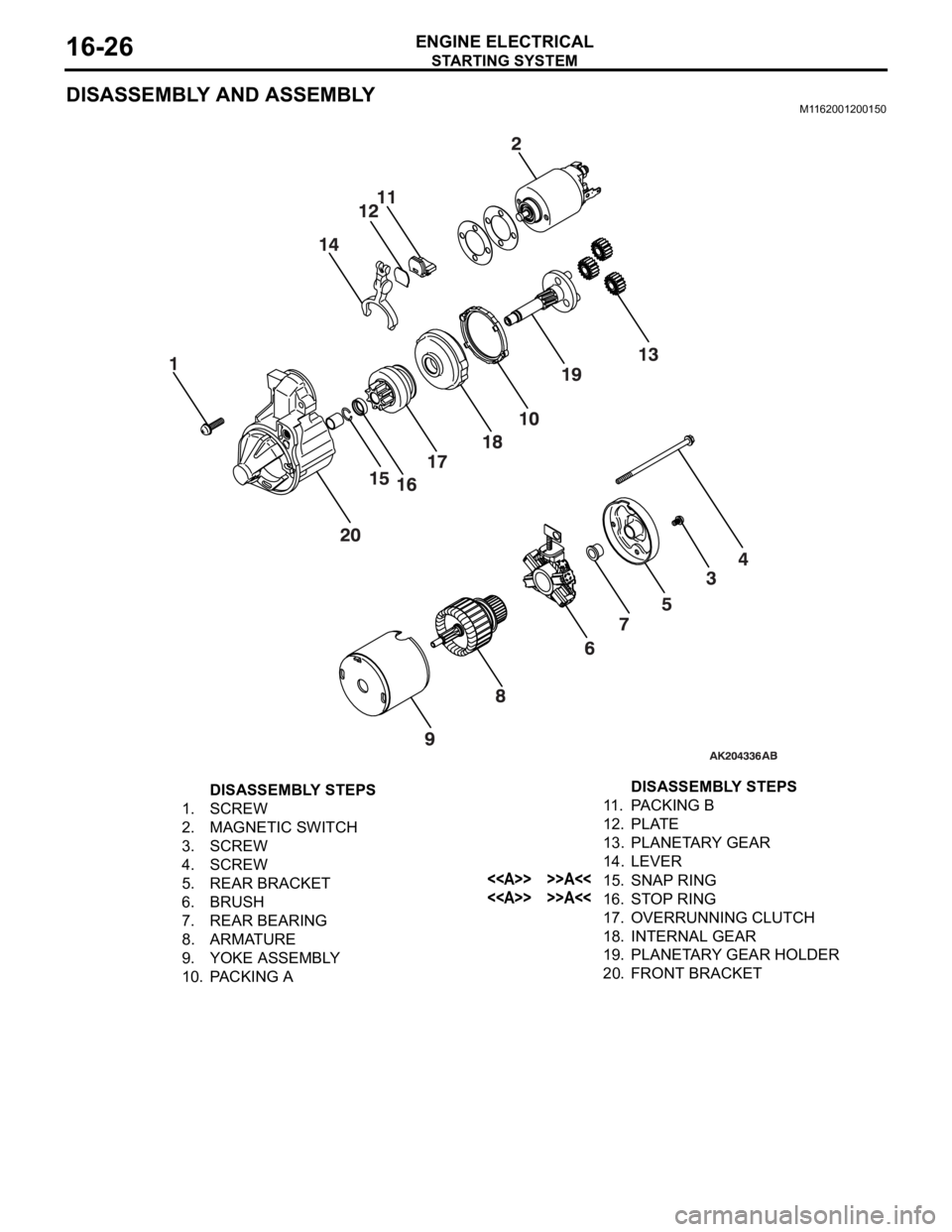 MITSUBISHI 380 2005 Workshop Manual STARTING SYSTEM
ENGINE ELECTRICAL16-26
DISASSEMBLY AND ASSEMBLYM1162001200150
DISASSEMBLY STEPS
1. SCREW
2. MAGNETIC SWITCH
3. SCREW
4. SCREW
5. REAR BRACKET
6. BRUSH
7. REAR BEARING
8. ARMATURE
9. YO MITSUBISHI 380 2005 Workshop Manual STARTING SYSTEM
ENGINE ELECTRICAL16-26
DISASSEMBLY AND ASSEMBLYM1162001200150
DISASSEMBLY STEPS
1. SCREW
2. MAGNETIC SWITCH
3. SCREW
4. SCREW
5. REAR BRACKET
6. BRUSH
7. REAR BEARING
8. ARMATURE
9. YO