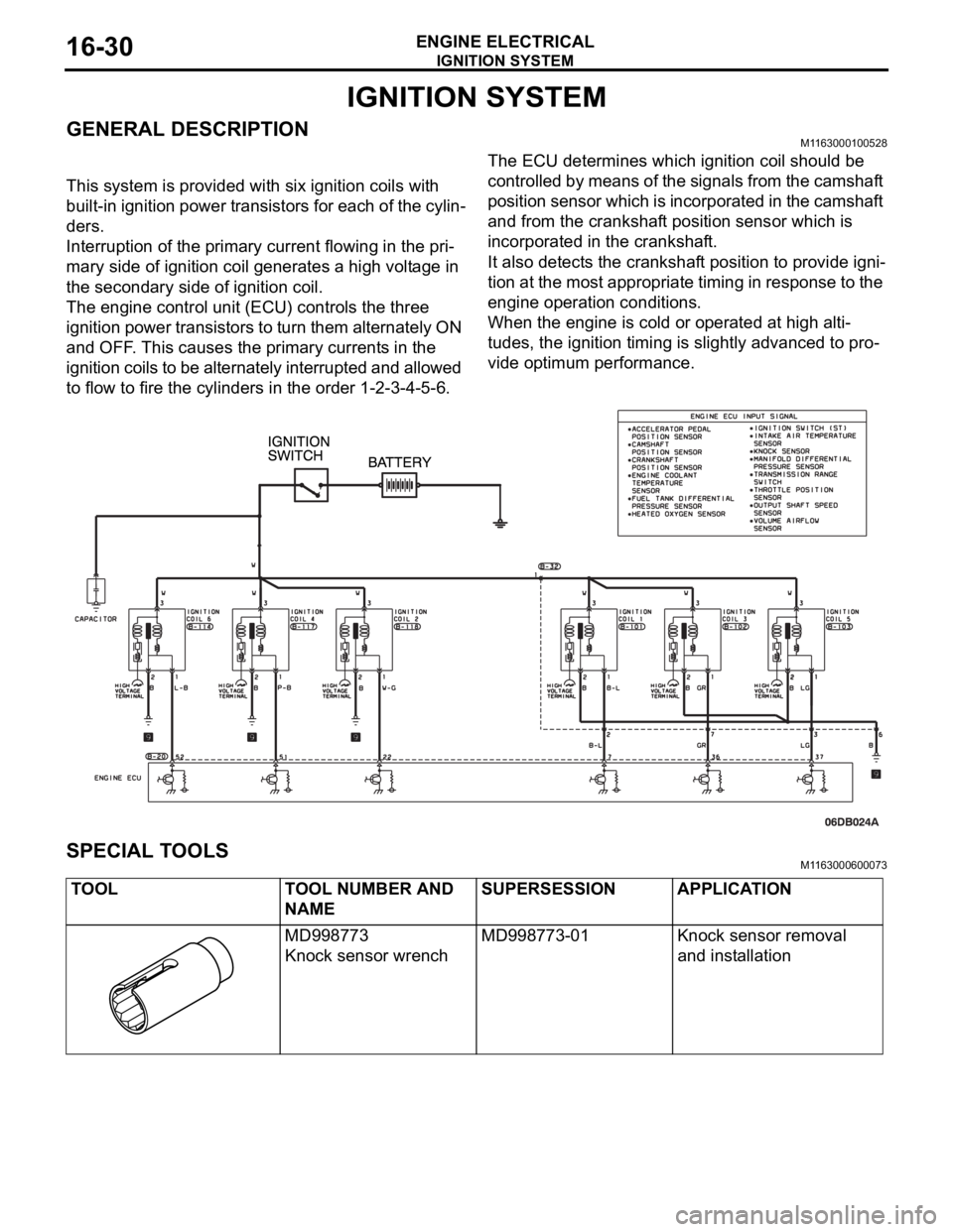 MITSUBISHI 380 2005 Workshop Manual IGNITION SYSTEM
ENGINE ELECTRICAL16-30
IGNITION SYSTEM
GENERAL DESCRIPTIONM1163000100528
This system is provided with six ignition coils with
built-in ignition power transistors for each of the cylin MITSUBISHI 380 2005 Workshop Manual IGNITION SYSTEM
ENGINE ELECTRICAL16-30
IGNITION SYSTEM
GENERAL DESCRIPTIONM1163000100528
This system is provided with six ignition coils with
built-in ignition power transistors for each of the cylin