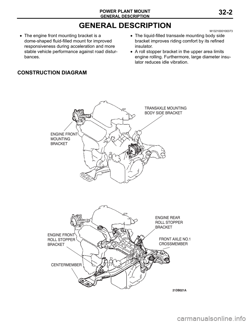 MITSUBISHI 380 2005 Owners Manual GENERAL DESCRIPTION
POWER PLANT MOUNT32-2
GENERAL DESCRIPTIONM1321000100373
The engine front mounting bracket is a
dome-shaped fluid-filled mount for improved
responsiveness during acceleration and MITSUBISHI 380 2005 Owners Manual GENERAL DESCRIPTION
POWER PLANT MOUNT32-2
GENERAL DESCRIPTIONM1321000100373
The engine front mounting bracket is a
dome-shaped fluid-filled mount for improved
responsiveness during acceleration and