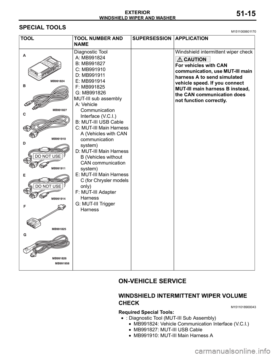 MITSUBISHI 380 2005 Repair Manual WINDSHIELD WIPER AND WASHER
EXTERIOR51-15
SPECIAL TOOLSM1511000601170
ON-VEHICLE SERVICE
WINDSHIELD INTERMITTENT WIPER VOLUME 
CHECK
M1511018900043
Required Special Tools:
: Diagnostic Tool (MUT-III S
