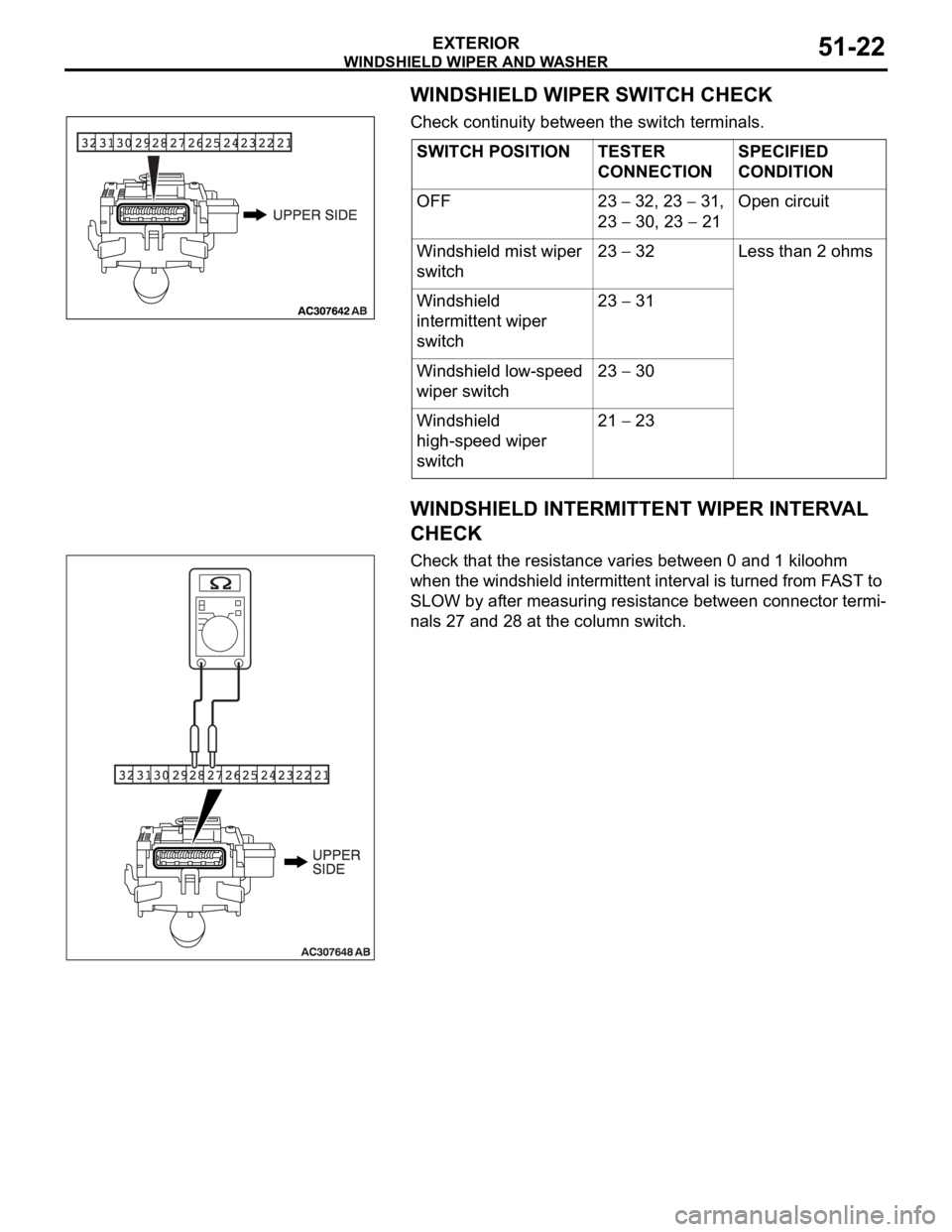 MITSUBISHI 380 2005 Repair Manual WINDSHIELD WIPER AND WASHER
EXTERIOR51-22
WINDSHIELD WIPER SWITCH CHECK
Check continuity between the switch terminals.
WINDSHIELD INTERMITTENT WIPER INTERVAL 
CHECK
Check that the resistance varies be
