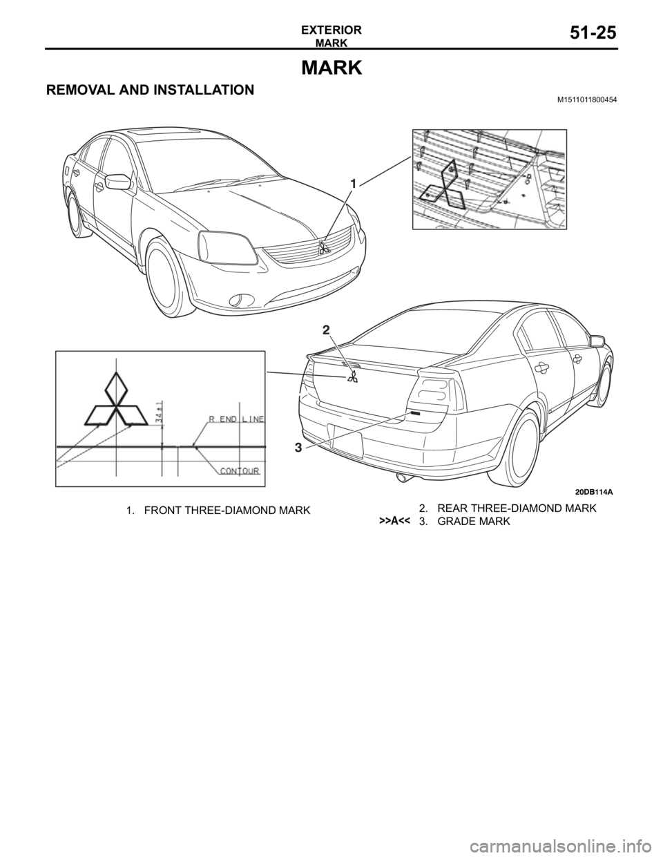 MITSUBISHI 380 2005  Workshop Manual MARK
EXTERIOR51-25
MARK
REMOVAL AND INSTALLATIONM1511011800454
1. FRONT THREE-DIAMOND MARK 2. REAR THREE-DIAMOND MARK>>A<<3. GRADE MARK 