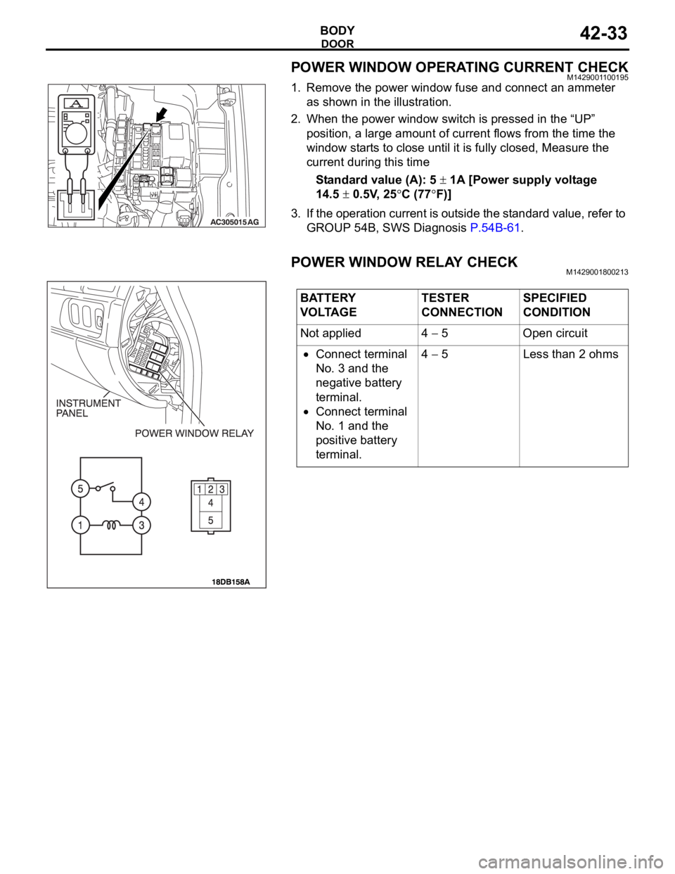 MITSUBISHI 380 2005 Workshop Manual DOOR
BODY42-33
POWER WINDOW OPERATING CURRENT CHECKM1429001100195
1. Remove the power window fuse and connect an ammeter
as shown in the illustration.
2. When the power window switch is pressed in th MITSUBISHI 380 2005 Workshop Manual DOOR
BODY42-33
POWER WINDOW OPERATING CURRENT CHECKM1429001100195
1. Remove the power window fuse and connect an ammeter
as shown in the illustration.
2. When the power window switch is pressed in th