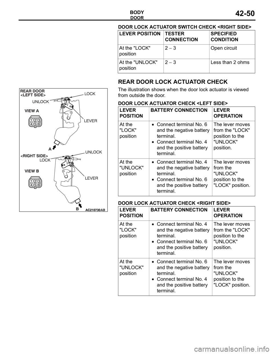 MITSUBISHI 380 2005 Workshop Manual DOOR
BODY42-50
DOOR LOCK ACTUATOR SWITCH CHECK <RIGHT SIDE>
REAR DOOR LOCK ACTUATOR CHECK
The illustration shows when the door lock actuator is viewed
from outside the door.
DOOR LOCK ACTUATOR CHECK MITSUBISHI 380 2005 Workshop Manual DOOR
BODY42-50
DOOR LOCK ACTUATOR SWITCH CHECK <RIGHT SIDE>
REAR DOOR LOCK ACTUATOR CHECK
The illustration shows when the door lock actuator is viewed
from outside the door.
DOOR LOCK ACTUATOR CHECK