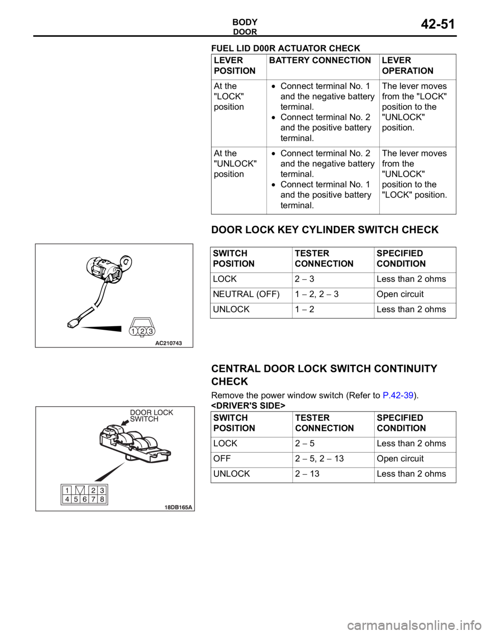 MITSUBISHI 380 2005 Workshop Manual DOOR
BODY42-51
FUEL LID D00R ACTUATOR CHECK
DOOR LOCK KEY CYLINDER SWITCH CHECK
CENTRAL DOOR LOCK SWITCH CONTINUITY
CHECK
Remove the power window switch (Refer to P.42-39).
<DRIVER'S SIDE>LEVER
MITSUBISHI 380 2005 Workshop Manual DOOR
BODY42-51
FUEL LID D00R ACTUATOR CHECK
DOOR LOCK KEY CYLINDER SWITCH CHECK
CENTRAL DOOR LOCK SWITCH CONTINUITY
CHECK
Remove the power window switch (Refer to P.42-39).
<DRIVER'S SIDE>LEVER