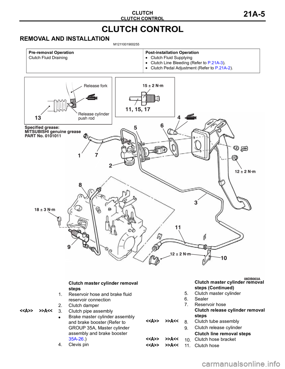 MITSUBISHI 380 2005 Workshop Manual CLUTCH CONTROL
CLUTCH21A-5
CLUTCH CONTROL
REMOVAL AND INSTALLATIONM1211001900255
Pre-removal Operation
Clutch Fluid DrainingPost-installation Operation
Clutch Fluid Supplying
Clutch Line Bleeding (Ref MITSUBISHI 380 2005 Workshop Manual CLUTCH CONTROL
CLUTCH21A-5
CLUTCH CONTROL
REMOVAL AND INSTALLATIONM1211001900255
Pre-removal Operation
Clutch Fluid DrainingPost-installation Operation
Clutch Fluid Supplying
Clutch Line Bleeding (Ref
