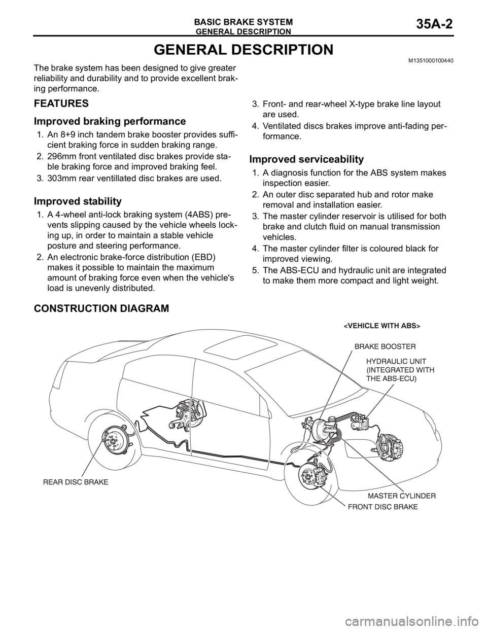 MITSUBISHI 380 2005 Workshop Manual GENERAL DESCRIPTION
BASIC BRAKE SYSTEM35A-2
GENERAL DESCRIPTIONM1351000100440
The brake system has been designed to give greater
reliability and durability and to provide excellent brak-
ing performa MITSUBISHI 380 2005 Workshop Manual GENERAL DESCRIPTION
BASIC BRAKE SYSTEM35A-2
GENERAL DESCRIPTIONM1351000100440
The brake system has been designed to give greater
reliability and durability and to provide excellent brak-
ing performa