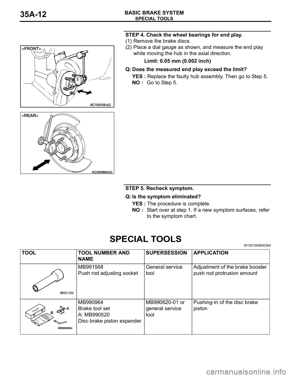 MITSUBISHI 380 2005 Service Manual SPECIAL TOOLS
BASIC BRAKE SYSTEM35A-12
STEP 4. Check the wheel bearings for end play.
(1) Remove the brake discs.
(2) Place a dial gauge as shown, and measure the end play
while moving the hub in the MITSUBISHI 380 2005 Service Manual SPECIAL TOOLS
BASIC BRAKE SYSTEM35A-12
STEP 4. Check the wheel bearings for end play.
(1) Remove the brake discs.
(2) Place a dial gauge as shown, and measure the end play
while moving the hub in the