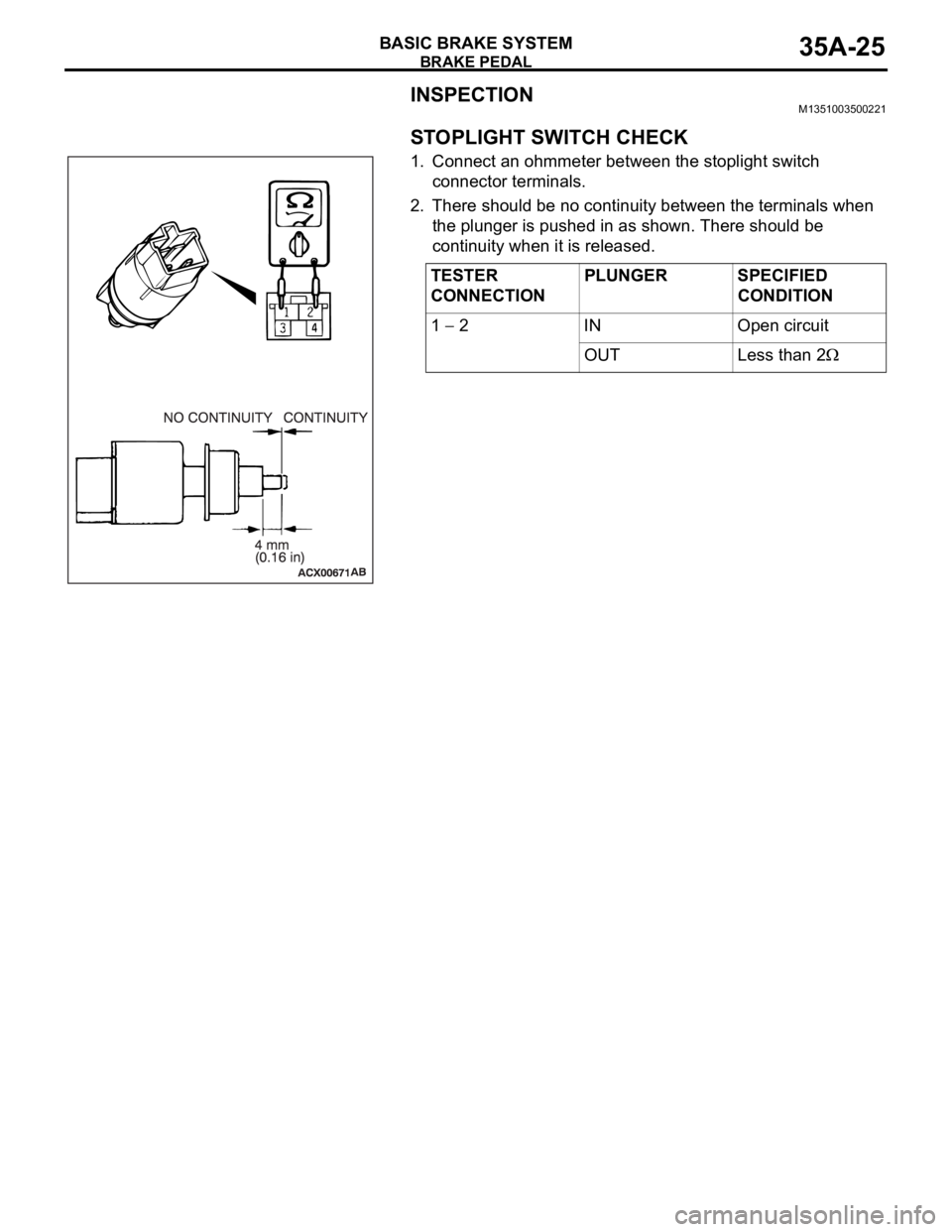 MITSUBISHI 380 2005 User Guide BRAKE PEDAL
BASIC BRAKE SYSTEM35A-25
INSPECTIONM1351003500221.
STOPLIGHT SWITCH CHECK
1. Connect an ohmmeter between the stoplight switch
connector terminals.
2. There should be no continuity betwee MITSUBISHI 380 2005 User Guide BRAKE PEDAL
BASIC BRAKE SYSTEM35A-25
INSPECTIONM1351003500221.
STOPLIGHT SWITCH CHECK
1. Connect an ohmmeter between the stoplight switch
connector terminals.
2. There should be no continuity betwee