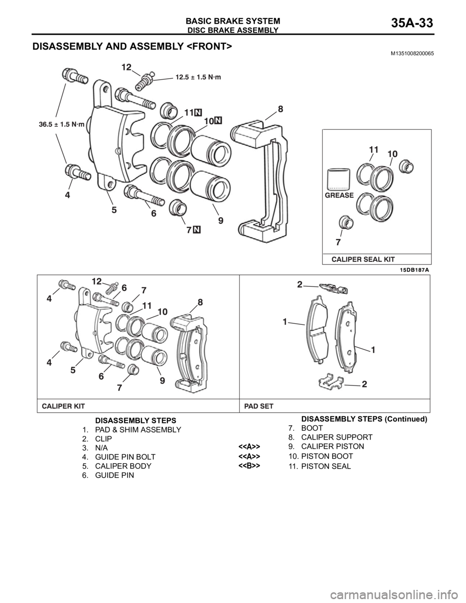 MITSUBISHI 380 2005 Workshop Manual DISC BRAKE ASSEMBLY
BASIC BRAKE SYSTEM35A-33
DISASSEMBLY AND ASSEMBLY <FRONT>M1351008200065
DISASSEMBLY STEPS
1. PAD & SHIM ASSEMBLY
2. CLIP
3. N/A
4. GUIDE PIN BOLT
5. CALIPER BODY
6. GUIDE PIN7. BOO MITSUBISHI 380 2005 Workshop Manual DISC BRAKE ASSEMBLY
BASIC BRAKE SYSTEM35A-33
DISASSEMBLY AND ASSEMBLY <FRONT>M1351008200065
DISASSEMBLY STEPS
1. PAD & SHIM ASSEMBLY
2. CLIP
3. N/A
4. GUIDE PIN BOLT
5. CALIPER BODY
6. GUIDE PIN7. BOO