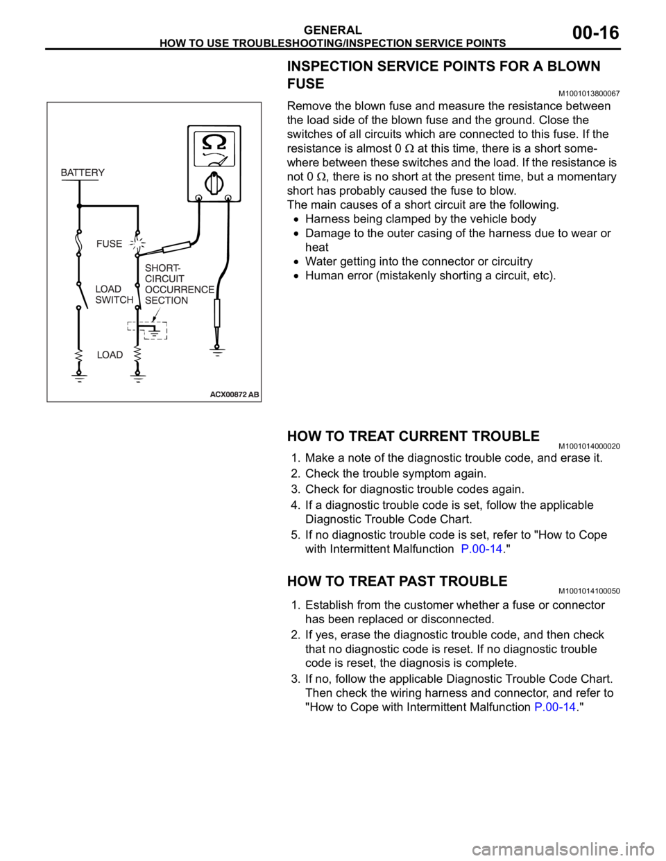 MITSUBISHI 380 2005 Owners Manual HOW TO USE TROUBLESHOOTING/INSPECTION SERVICE POINTS
GENERAL00-16
INSPECTION SERVICE POINTS FOR A BLOWN 
FUSE
M1001013800067
Remove the blown fuse and measure the resistance between 
the load side of 