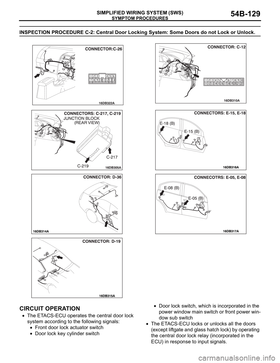 MITSUBISHI 380 2005 User Guide SYMPTOM PROCEDURES
SIMPLIFIED WIRING SYSTEM (SWS)54B-129
INSPECTION PROCEDURE C-2: Central Door Locking System: Some Doors do not Lock or Unlock.
.
CIRCUIT OPERATION
The ETACS-ECU operates the central MITSUBISHI 380 2005 User Guide SYMPTOM PROCEDURES
SIMPLIFIED WIRING SYSTEM (SWS)54B-129
INSPECTION PROCEDURE C-2: Central Door Locking System: Some Doors do not Lock or Unlock.
.
CIRCUIT OPERATION
The ETACS-ECU operates the central
