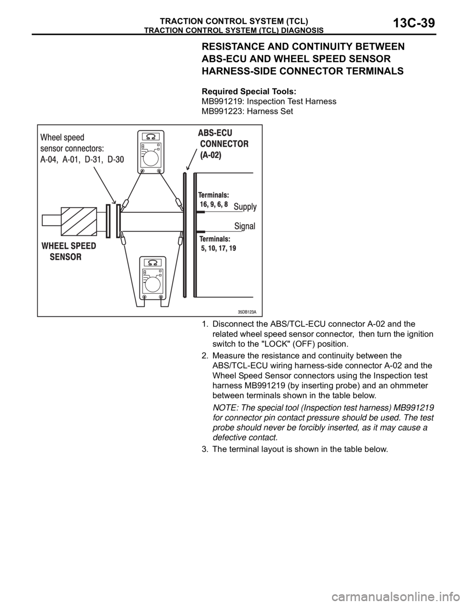 MITSUBISHI 380 2005 Workshop Manual TRACTION CONTROL SYSTEM (TCL) DIAGNOSIS
TRACTION CONTROL SYSTEM (TCL)13C-39
RESISTANCE AND CONTINUITY BETWEEN
ABS-ECU AND WHEEL SPEED SENSOR
HARNESS-SIDE CONNECTOR TERMINALS
.
Required Special Tools MITSUBISHI 380 2005 Workshop Manual TRACTION CONTROL SYSTEM (TCL) DIAGNOSIS
TRACTION CONTROL SYSTEM (TCL)13C-39
RESISTANCE AND CONTINUITY BETWEEN
ABS-ECU AND WHEEL SPEED SENSOR
HARNESS-SIDE CONNECTOR TERMINALS
.
Required Special Tools
