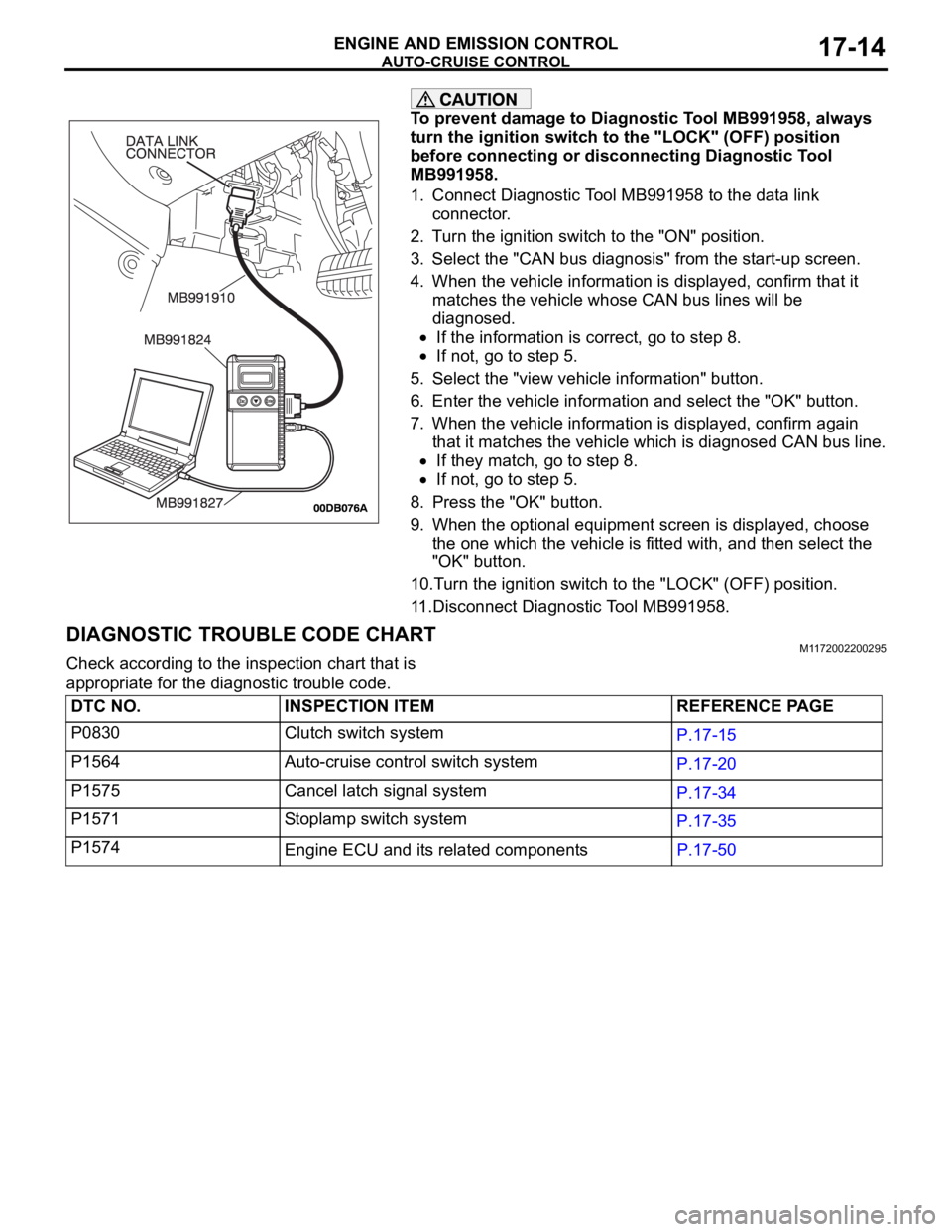 MITSUBISHI 380 2005 Workshop Manual AUTO-CRUISE CONTROL
ENGINE AND EMISSION CONTROL17-14
To prevent damage to Diagnostic Tool MB991958, always
turn the ignition switch to the "LOCK" (OFF) position
before connecting or disconne MITSUBISHI 380 2005 Workshop Manual AUTO-CRUISE CONTROL
ENGINE AND EMISSION CONTROL17-14
To prevent damage to Diagnostic Tool MB991958, always
turn the ignition switch to the "LOCK" (OFF) position
before connecting or disconne