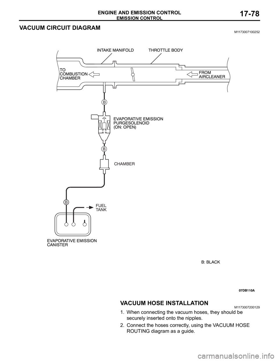 MITSUBISHI 380 2005 Workshop Manual EMISSION CONTROL
ENGINE AND EMISSION CONTROL17-78
VACUUM CIRCUIT DIAGRAMM1173007100252
VACUUM HOSE INSTALLATIONM1173007200129
1. When connecting the vacuum hoses, they should be
securely inserted ont MITSUBISHI 380 2005 Workshop Manual EMISSION CONTROL
ENGINE AND EMISSION CONTROL17-78
VACUUM CIRCUIT DIAGRAMM1173007100252
VACUUM HOSE INSTALLATIONM1173007200129
1. When connecting the vacuum hoses, they should be
securely inserted ont
