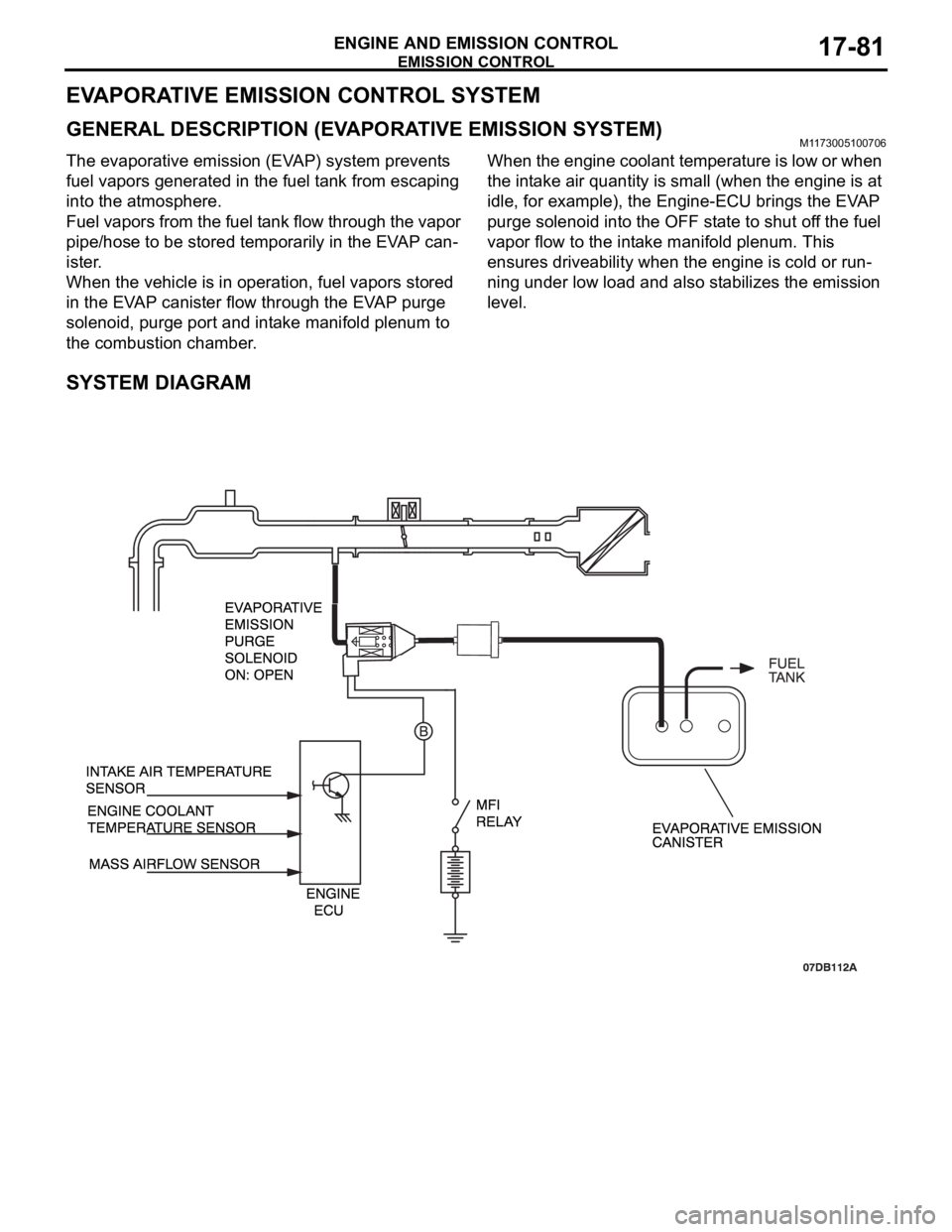 MITSUBISHI 380 2005 Workshop Manual EMISSION CONTROL
ENGINE AND EMISSION CONTROL17-81
EVAPORATIVE EMISSION CONTROL SYSTEM
GENERAL DESCRIPTION (EVAPORATIVE EMISSION SYSTEM)M1173005100706
The evaporative emission (EVAP) system prevents
f MITSUBISHI 380 2005 Workshop Manual EMISSION CONTROL
ENGINE AND EMISSION CONTROL17-81
EVAPORATIVE EMISSION CONTROL SYSTEM
GENERAL DESCRIPTION (EVAPORATIVE EMISSION SYSTEM)M1173005100706
The evaporative emission (EVAP) system prevents
f