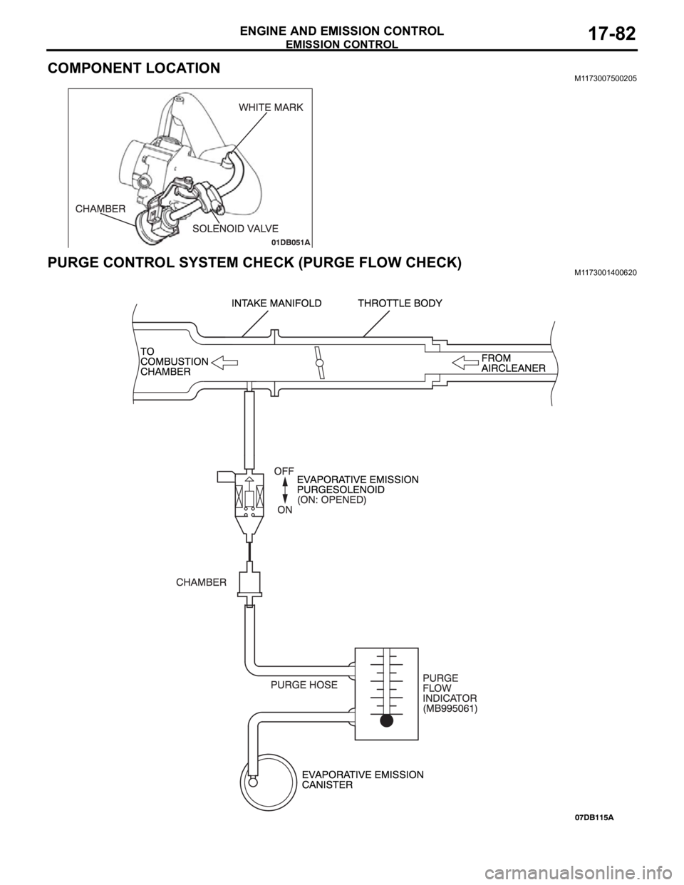 MITSUBISHI 380 2005 Workshop Manual EMISSION CONTROL
ENGINE AND EMISSION CONTROL17-82
COMPONENT LOCATIONM1173007500205
PURGE CONTROL SYSTEM CHECK (PURGE FLOW CHECK)M1173001400620 MITSUBISHI 380 2005 Workshop Manual EMISSION CONTROL
ENGINE AND EMISSION CONTROL17-82
COMPONENT LOCATIONM1173007500205
PURGE CONTROL SYSTEM CHECK (PURGE FLOW CHECK)M1173001400620